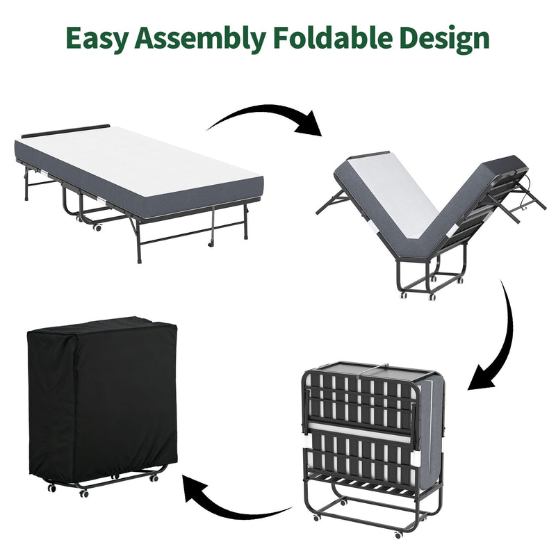 Twin Folding Bed With Adjustable Headboard, Memory Foam For Tall People, Heavy-Duty Portable On Wheels, Easy Assembly - Black by HouseOfZazla