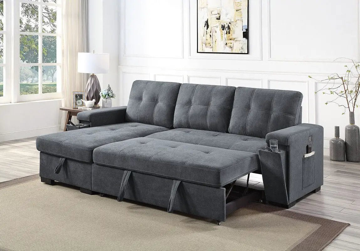 Toby - Woven Fabric Reversible Sleeper Sectional Sofa With Storage Chaise Cup Holder Charging Ports And Pockets by HouseOfZazla