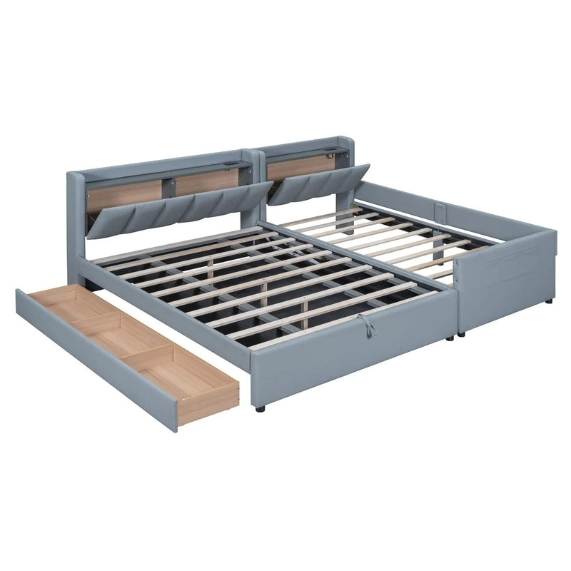 Upholstered Mother & Child Bed With Hydraulic Storage System, Drawer Box, Bedhead Storage Shelf And 2 Pairs Of Sockets & USB Ports by HouseOfZazla