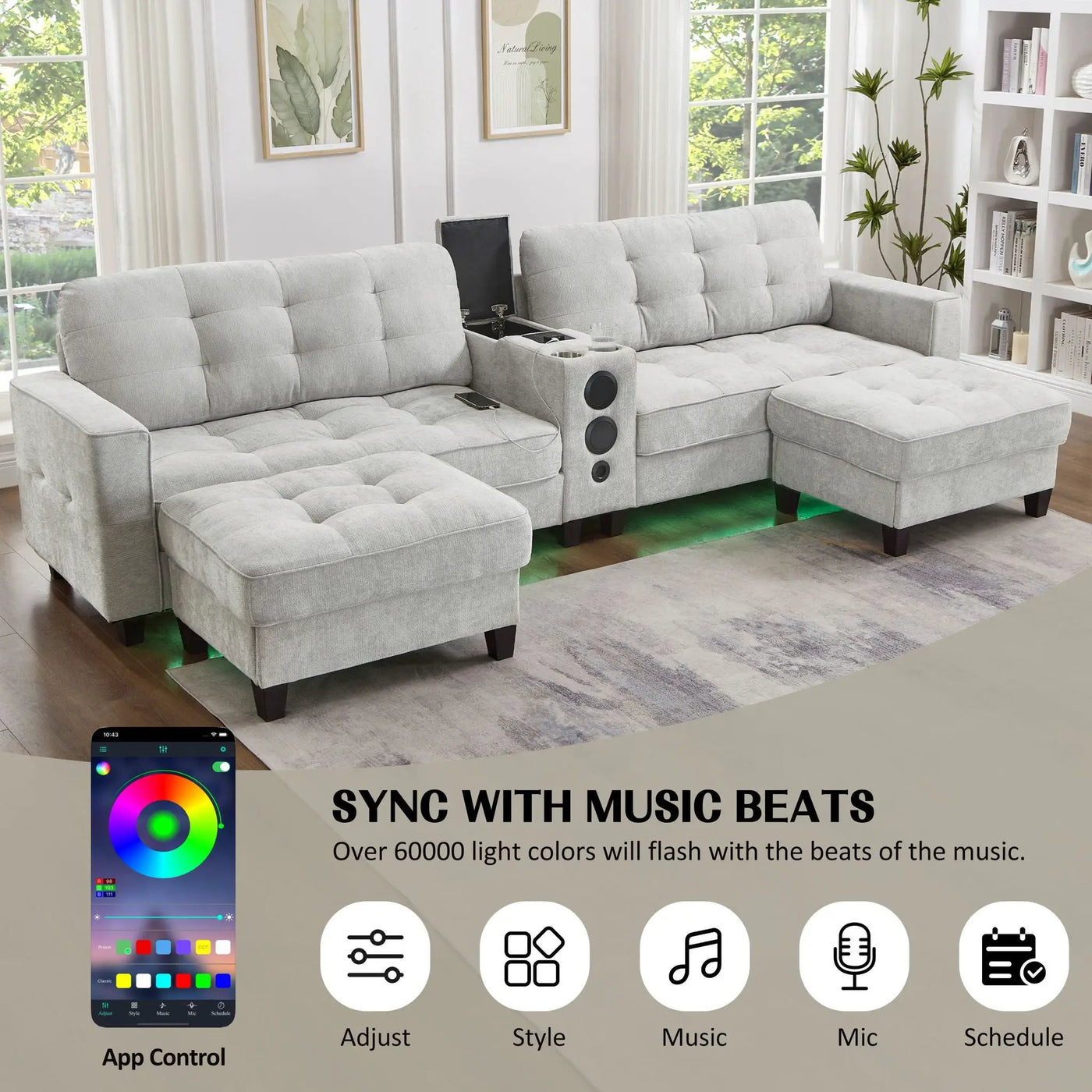 Modern Sectional Sofa U-Shaped With Movable Ottomans, tooth Speakers, LED Lights And Modular Storage by Unique Piece Furniture