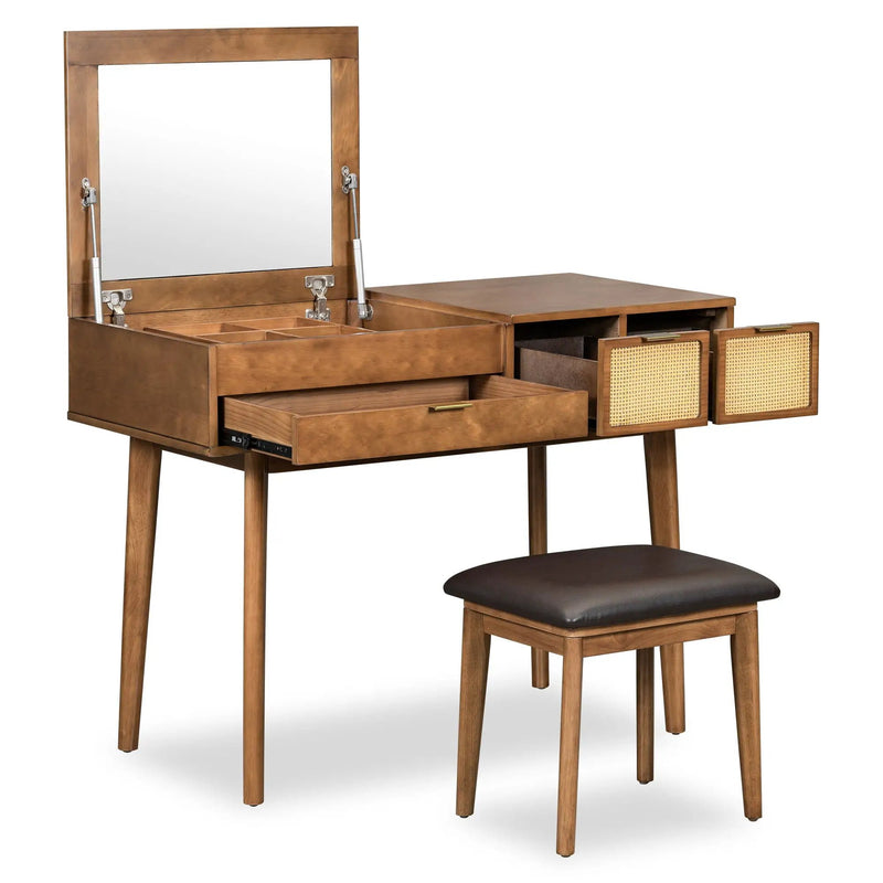Classic Wood Makeup Vanity Set With Flip-Top Mirror And Stool, Dressing Table With Three Drawers And Storage Space by HouseOfZazla