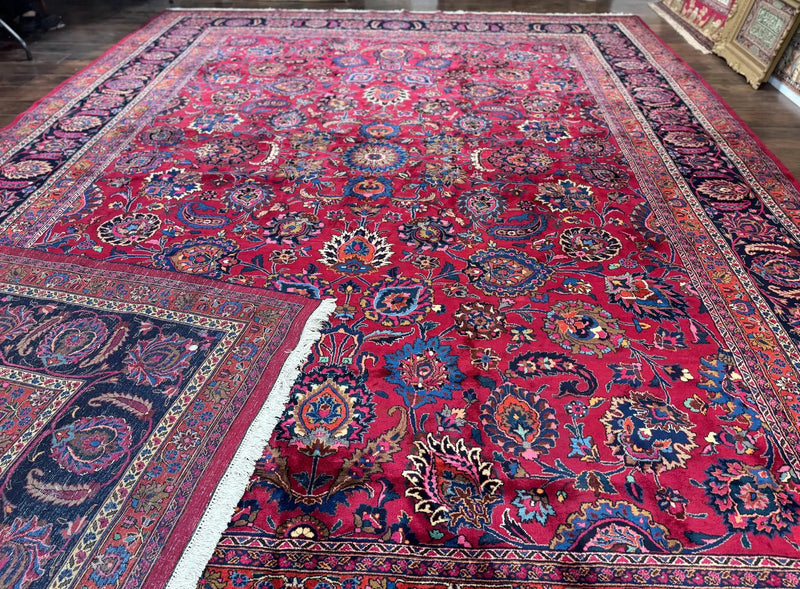 Palace Size Persian Mashad Rug 12x16, Raspberry and Navy Blue, Signature from Master Weaver, Antique Handmade Large Wool Carpet by Jewel Rugs