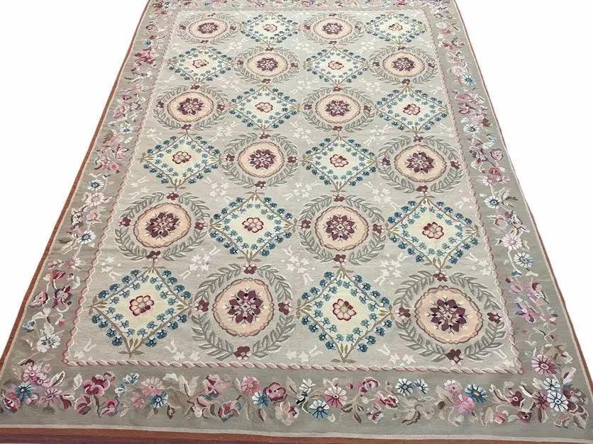 9x13 Needlepoint Carpet, French Design Rug, Hand-Knotted, Brand New Needlepoint Rug 9 x 13, English French European Style, Beige Floral by Jewel Rugs
