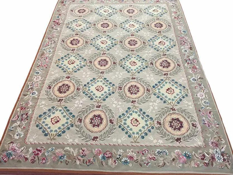 9x13 Needlepoint Carpet, French Design Rug, Hand-Knotted, Brand New Needlepoint Rug 9 x 13, English French European Style, Beige Floral by Jewel Rugs