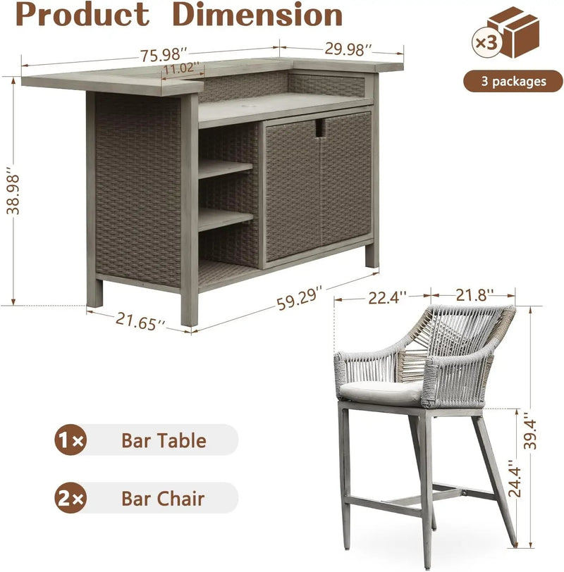 Outdoor Home Bar Unit Set of 3, All-Weather Wicker & Aluminum Frame by HouseOfZazla