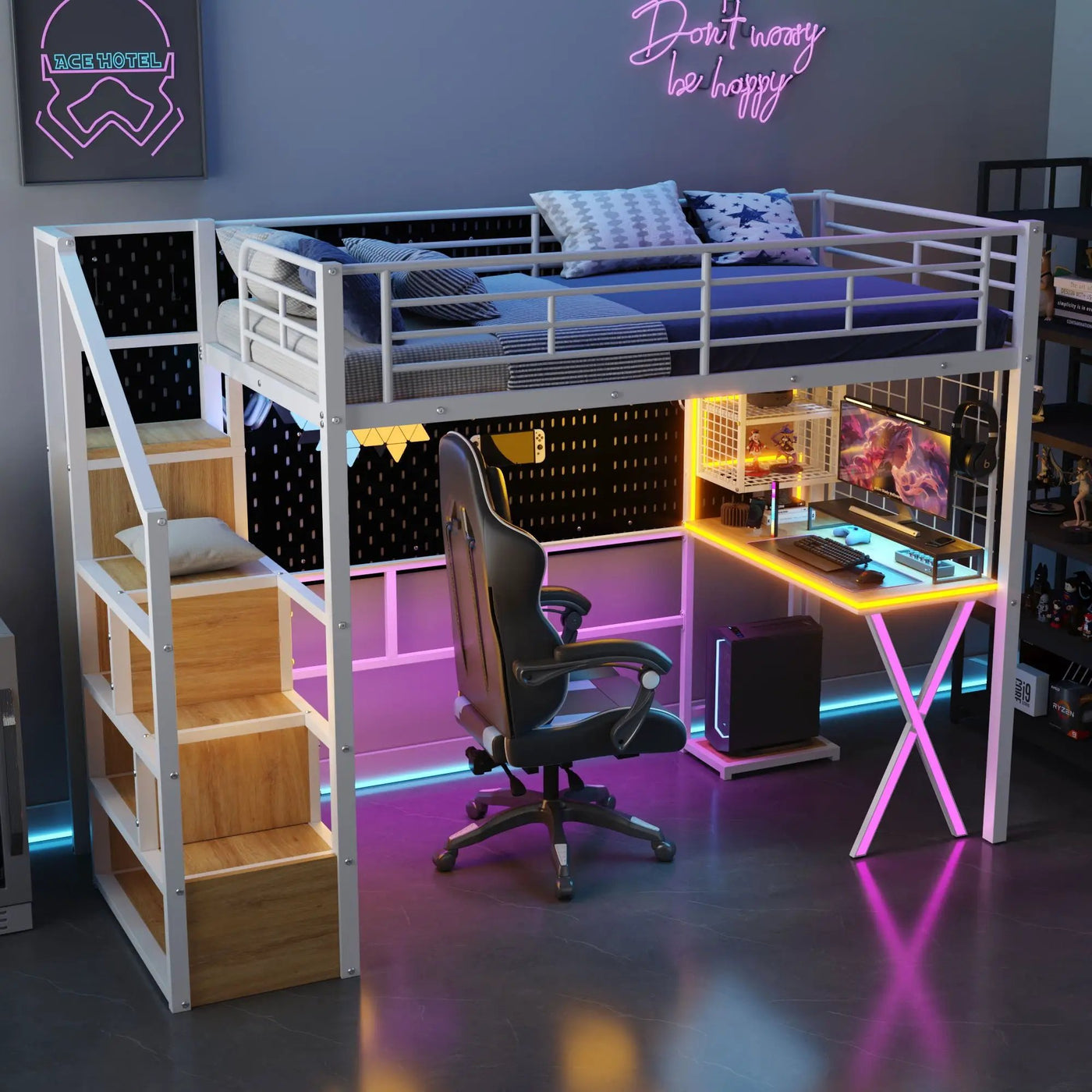 Loft Bed With Built In Work Station, Wardrobe, Storage Staircase And LED by Unique Piece Furniture