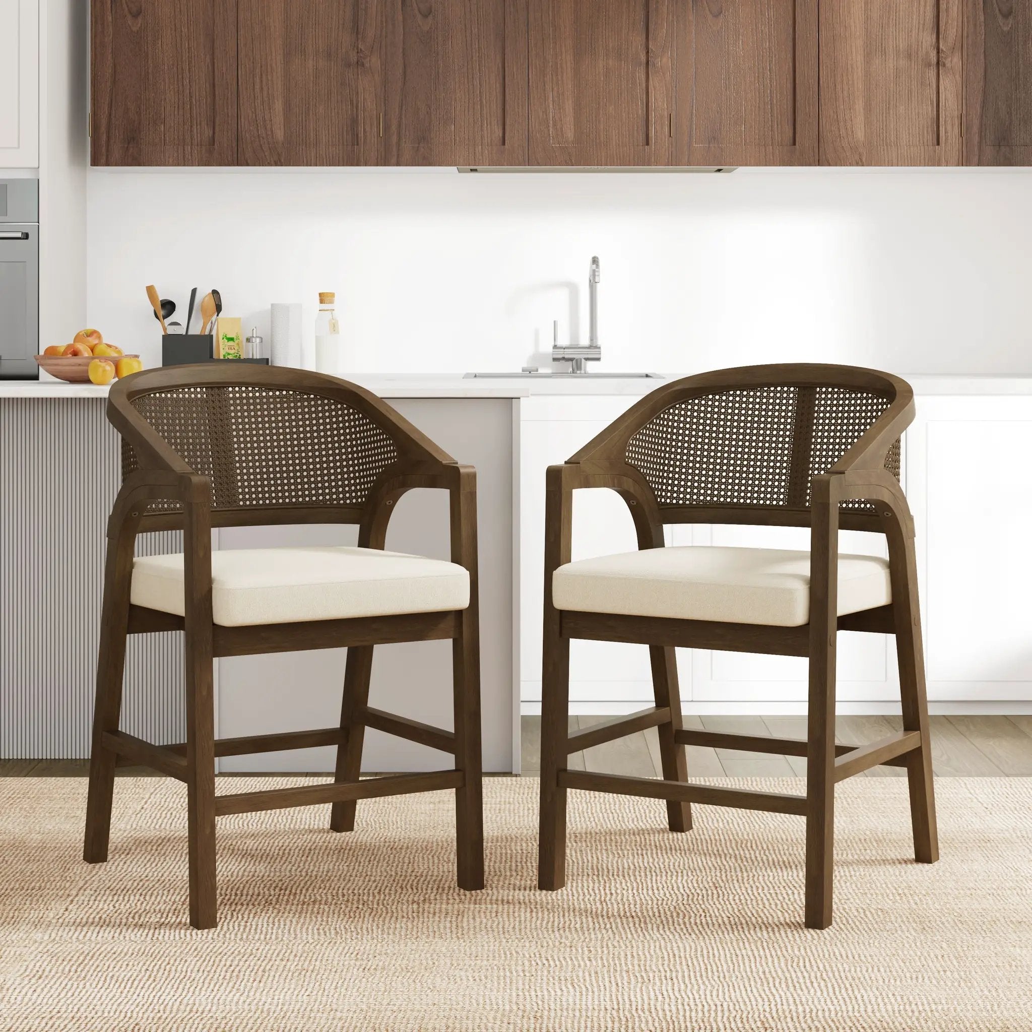 Wooden Frame Counter Stool with Rattan Back - Set of 2 by HouseOfZazla
