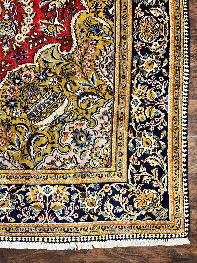 Wonderful Persian Qum Rug 10x14, Wool w/ Silk Highlights, Hand Knotted Semi Antique Vintage Carpet, Red, Floral, Fine Weave, Birds Deer Pictorials by Jewel Rugs