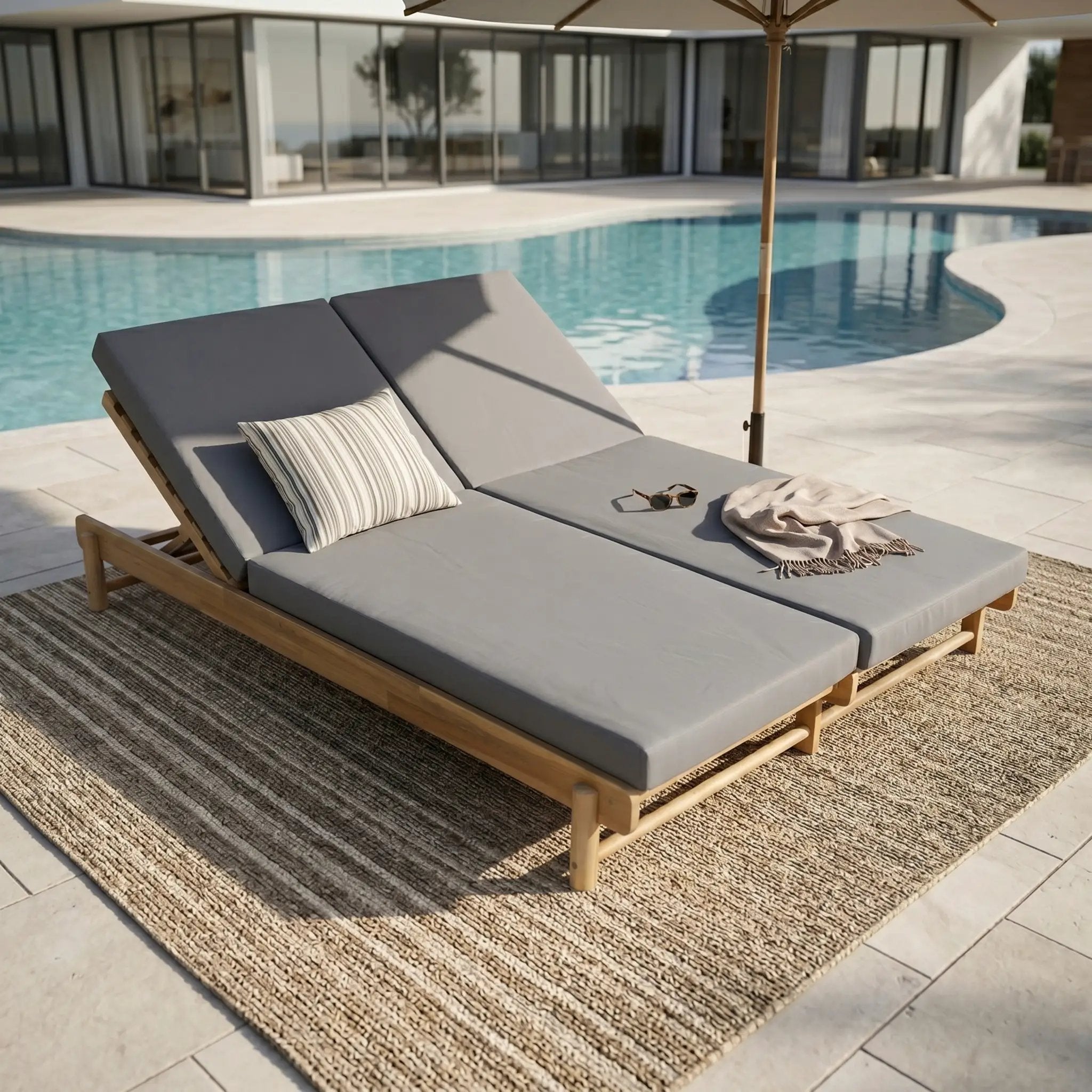 Light Teak Acacia Wood Double Chaise Lounger Set by HouseOfZazla