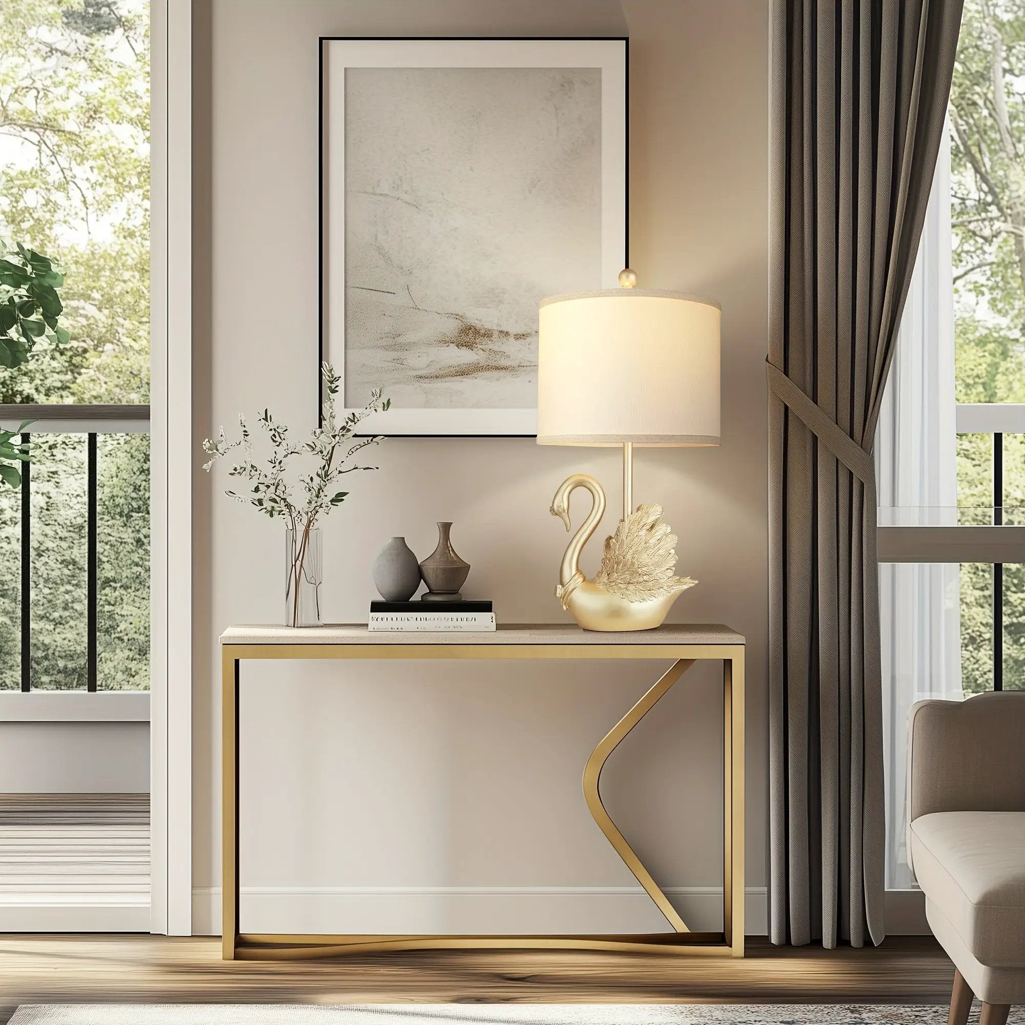 Two-Piece Set of Golden Brass Swan Table Lamps with LED Bulbs by HouseOfZazla