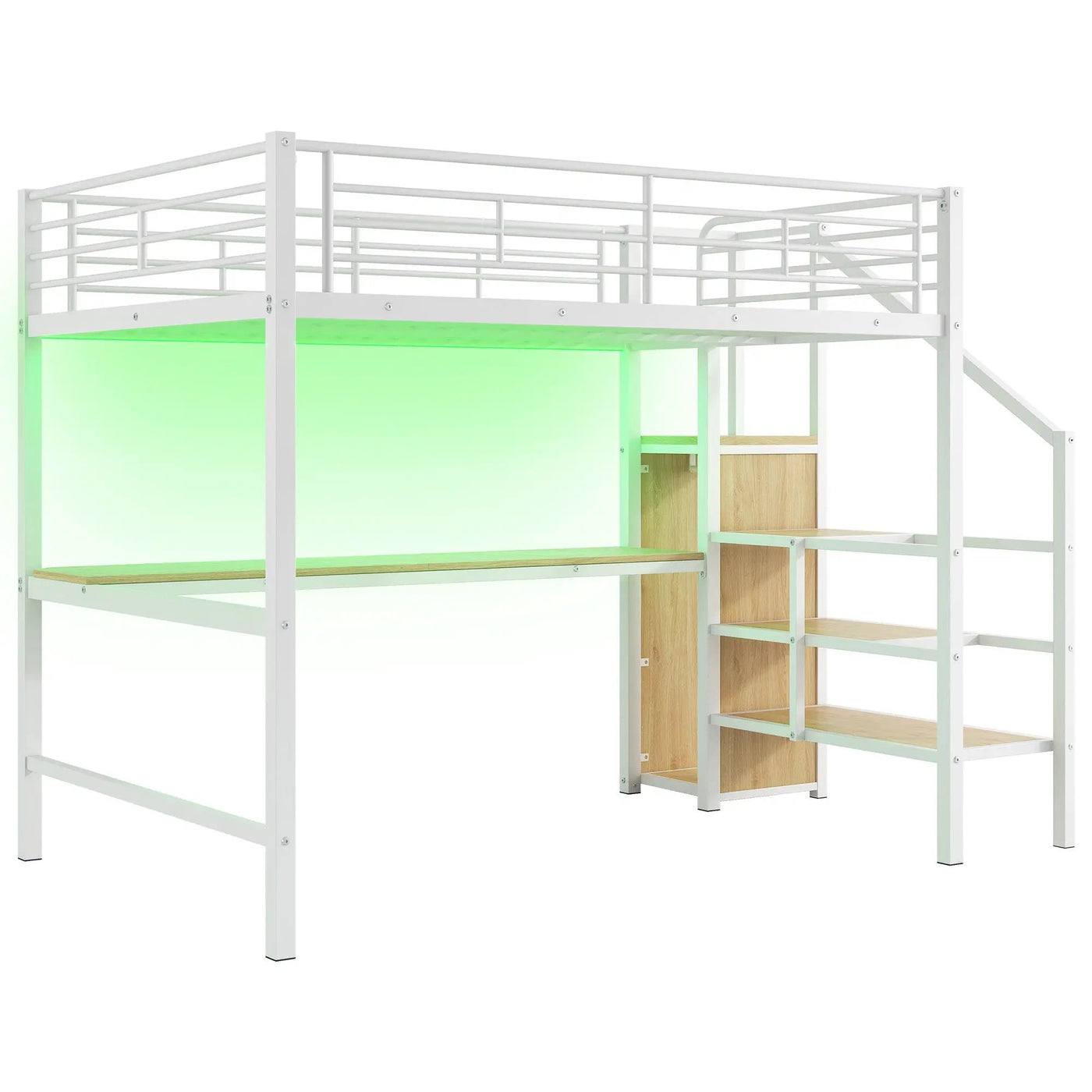 Loft Bed With Desk, Storage Staircase, Small Wardrobe And LED Light by HouseOfZazla