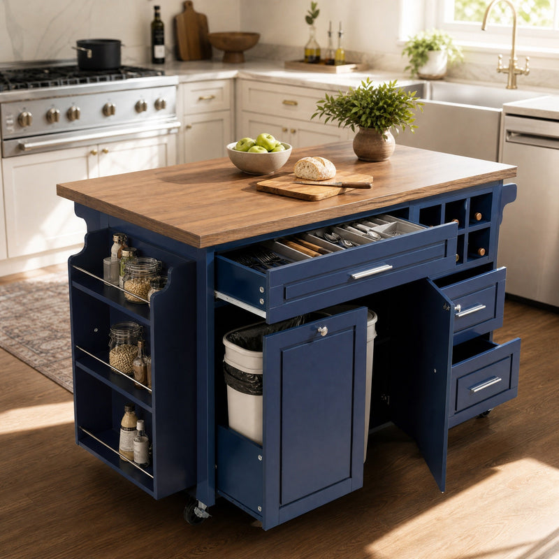Rolling Kitchen Island Cart with Drop-Leaf and Rubber Wood Top - Natural, photo 2 of 10