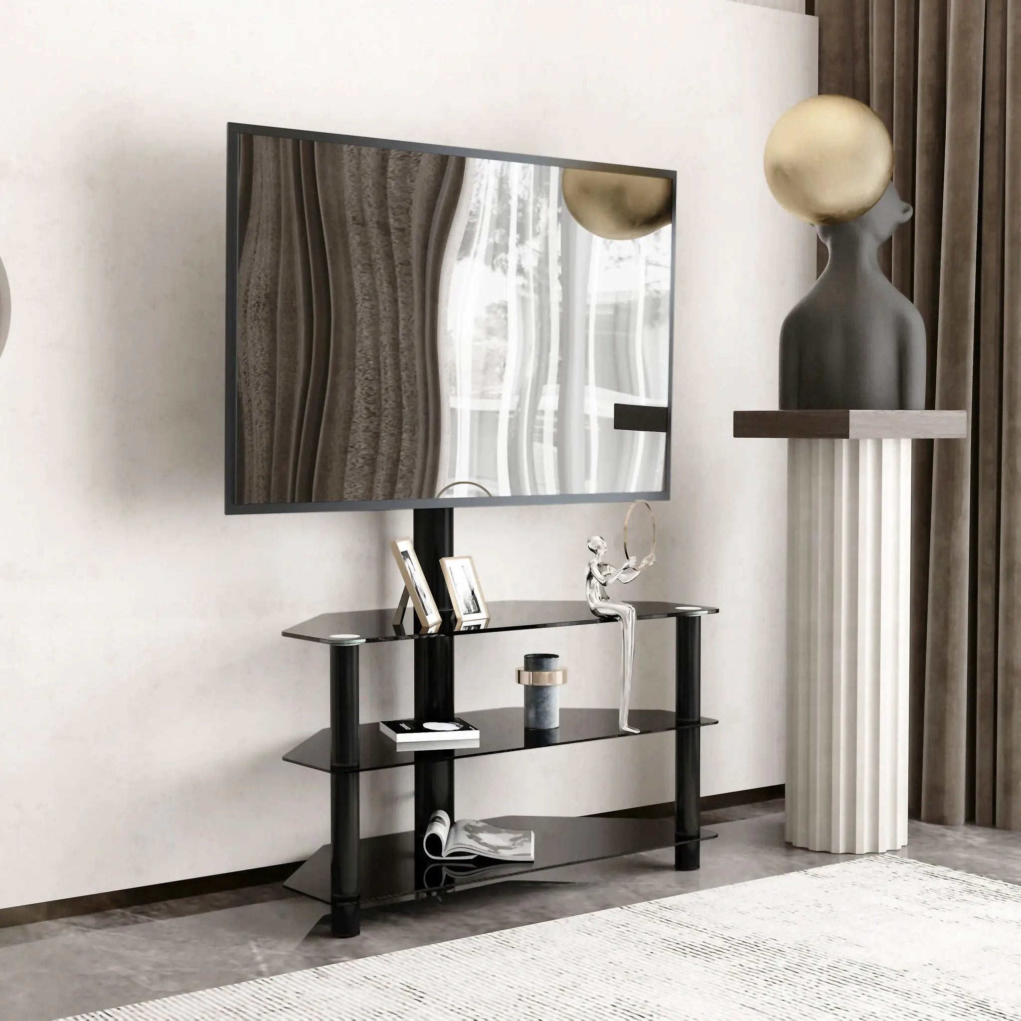 Multi-Function TV Stand Height Adjustable Bracket Swivel 3 Tier - Black by HouseOfZazla