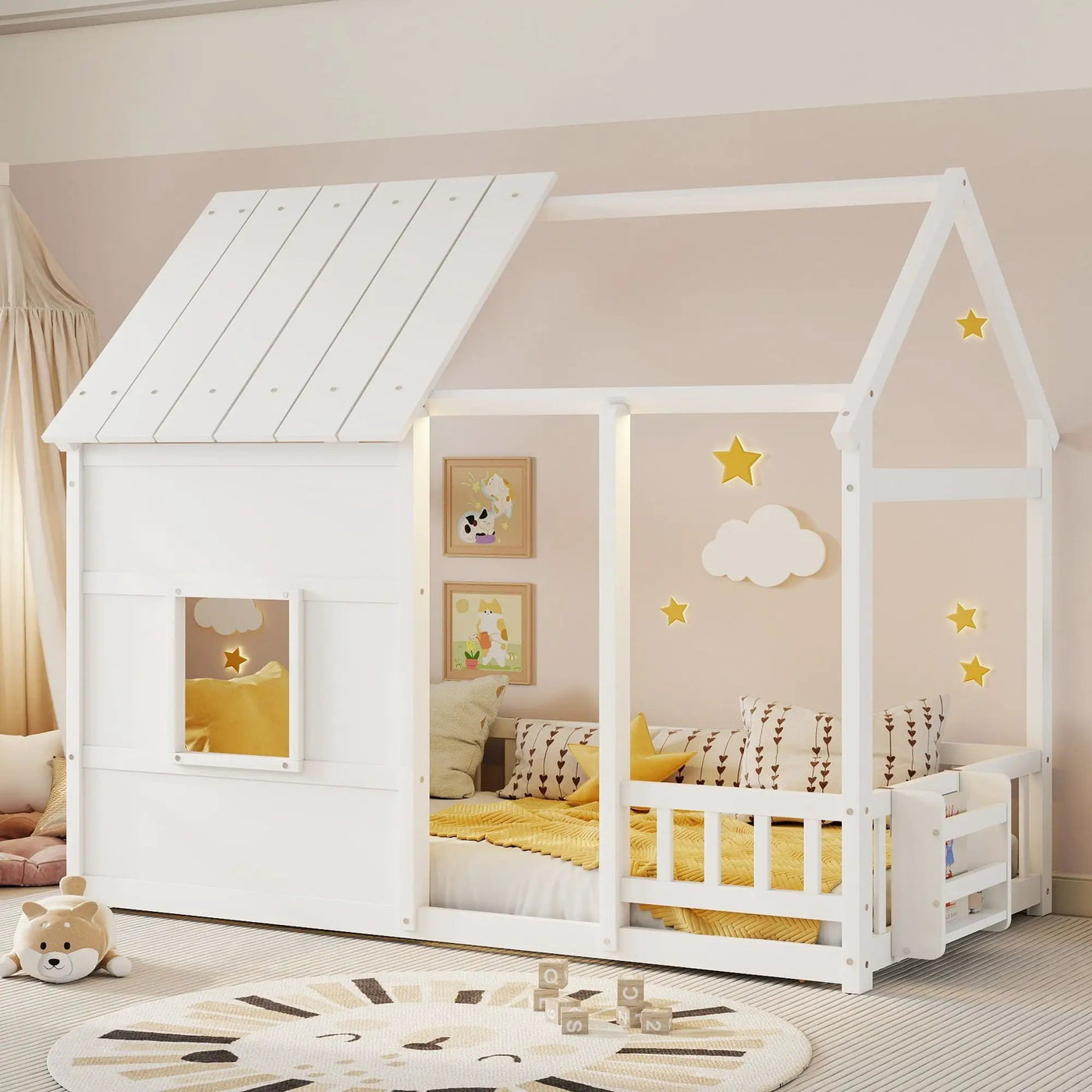 House Floor Bed With 7 Color LED Light, Built In Bookshelf by Unique Piece Furniture