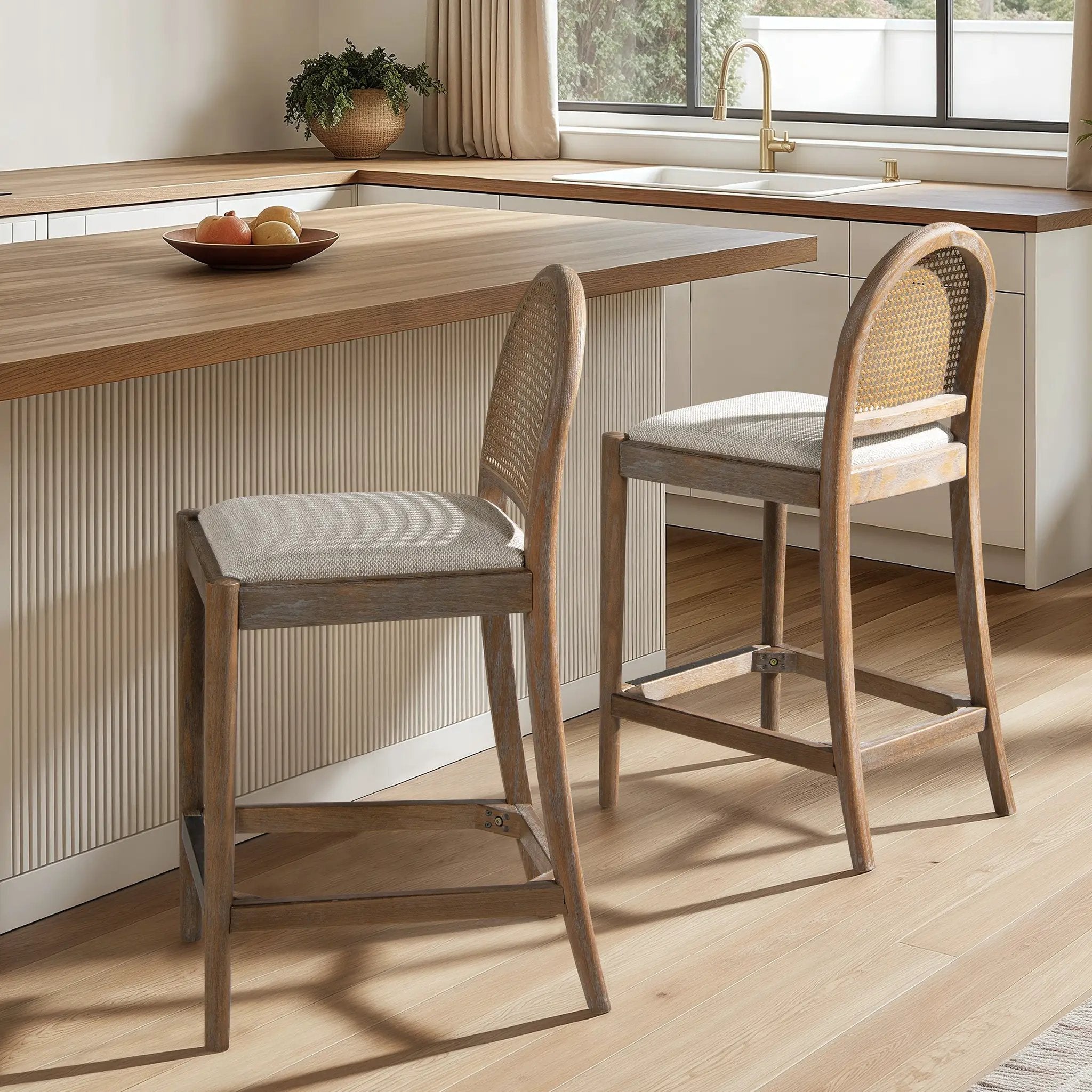 Panama 26.5" Curved Back Cane Rattan Counter Stool, Set of 2, Two-Tone Neutral by HouseOfZazla
