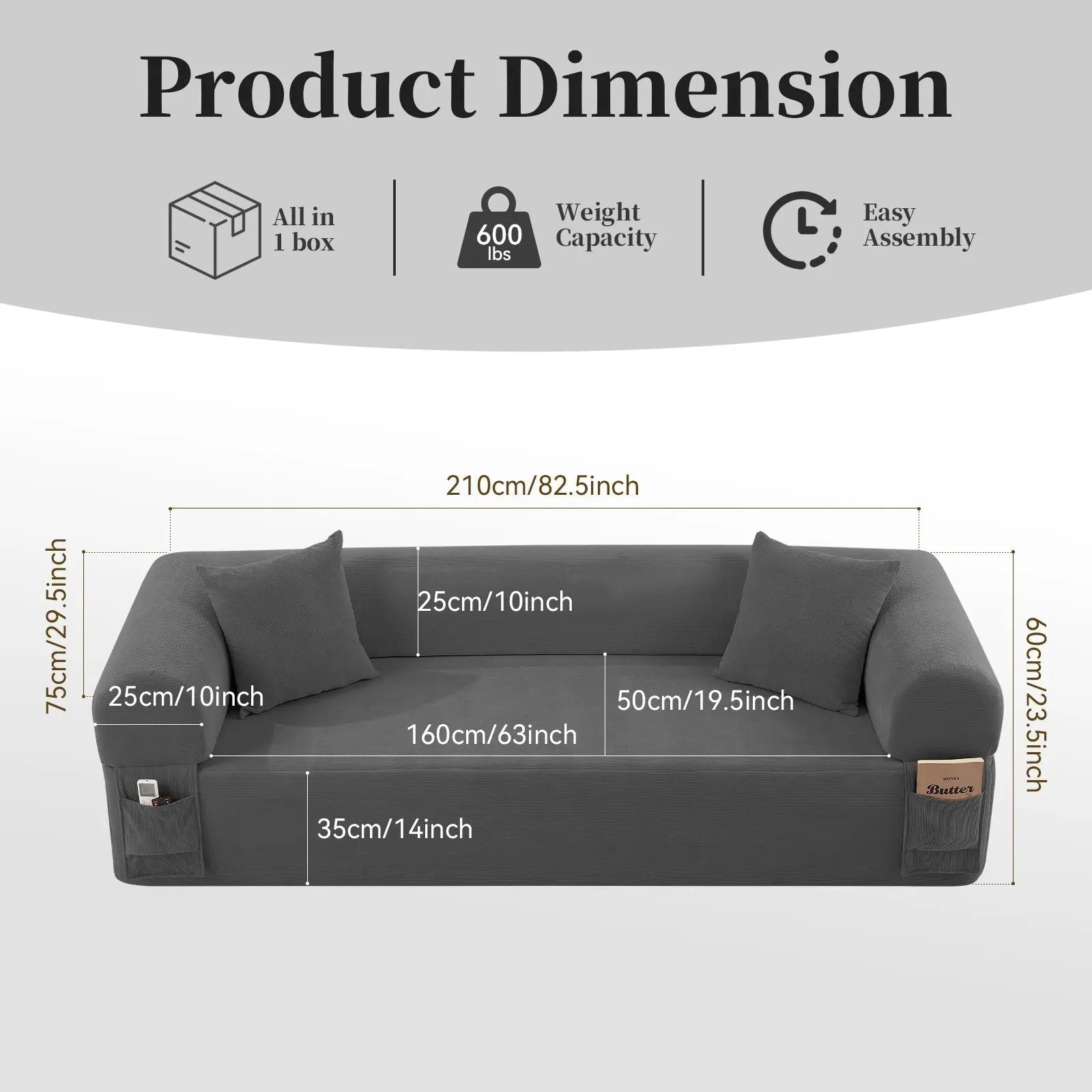 Spring Sofa with High-Quality Fabric, Pillows & Storage - Gray by HouseOfZazla