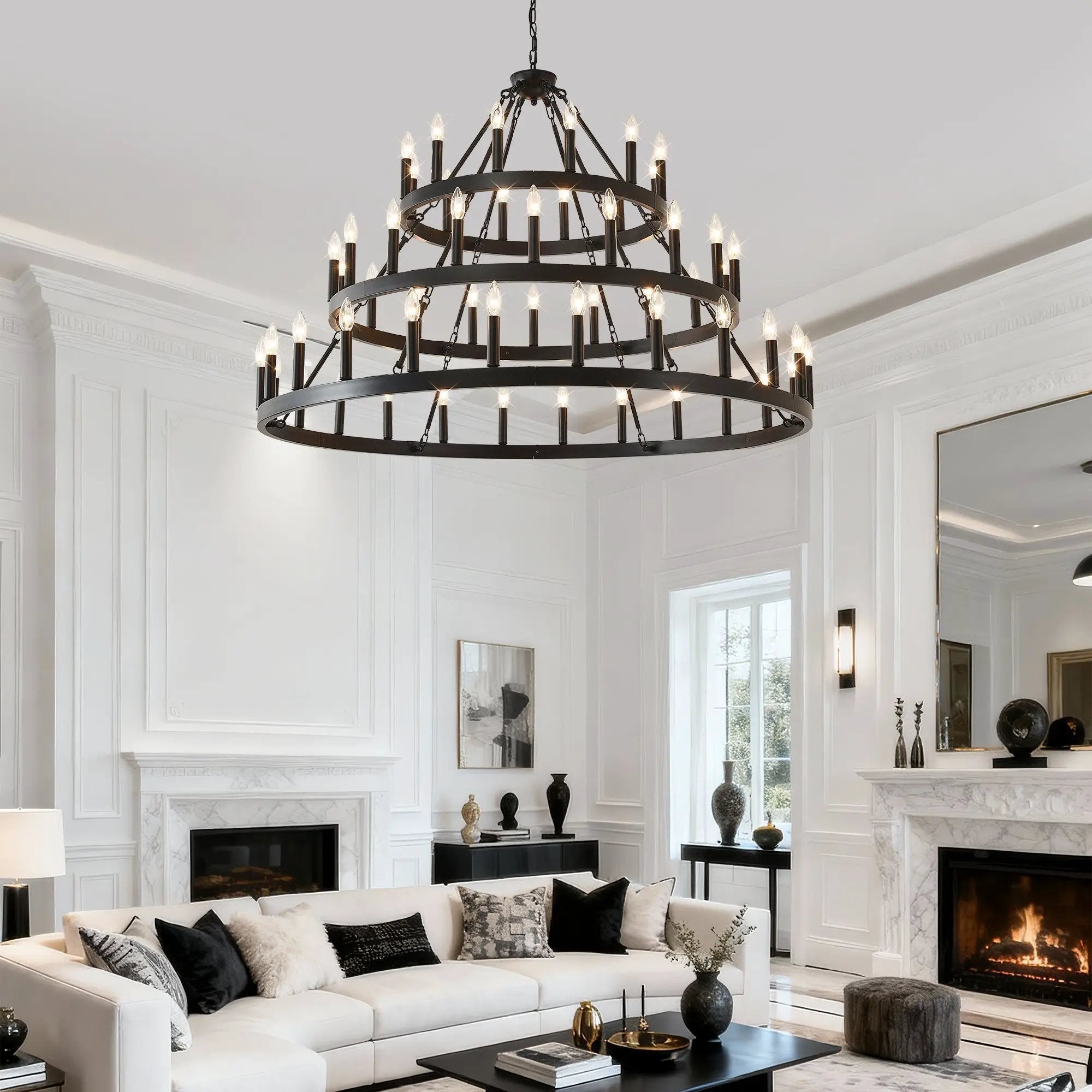 3 Tiers Wagon Wheel Chandelier - 54-Light Matte Black Metal by HouseOfZazla