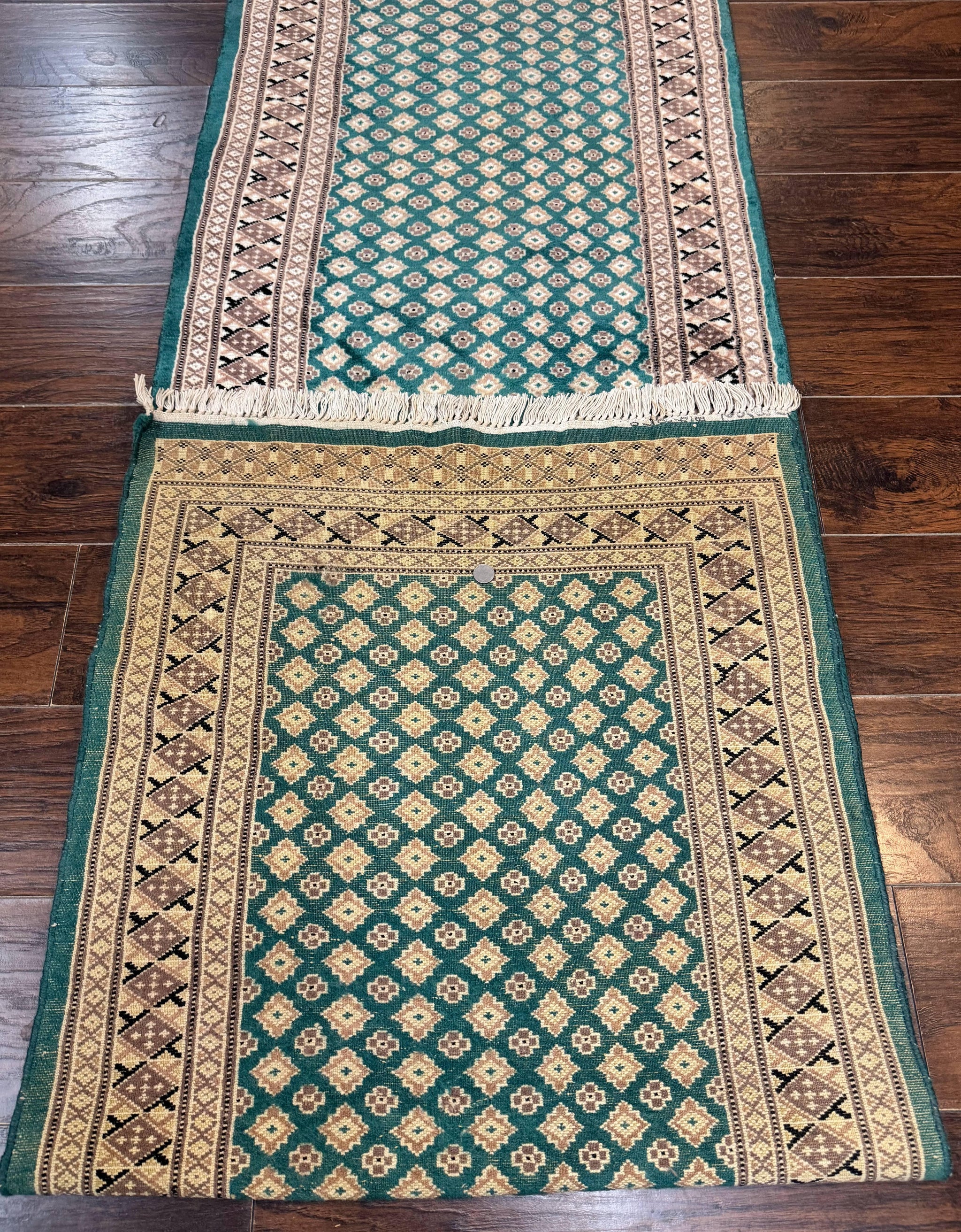 Long Pakistani Runner Rug 2.8 x 20, Hand Knotted Vintage Wool Hallway Rug, Turkoman Rug, Teal and Tan, Handmade Vintage Wool Runner by Jewel Rugs