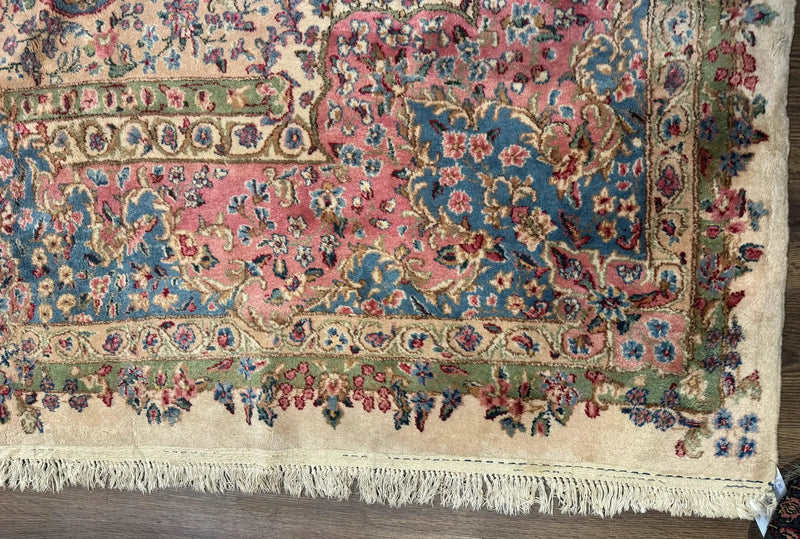 Palace Size Persian Kerman Rug 11x20 ft, Very Fine 340 KPSI, Vintage Oversized Wool Handmade Large Persian Carpet, Beige Light Blue Pink by Jewel Rugs