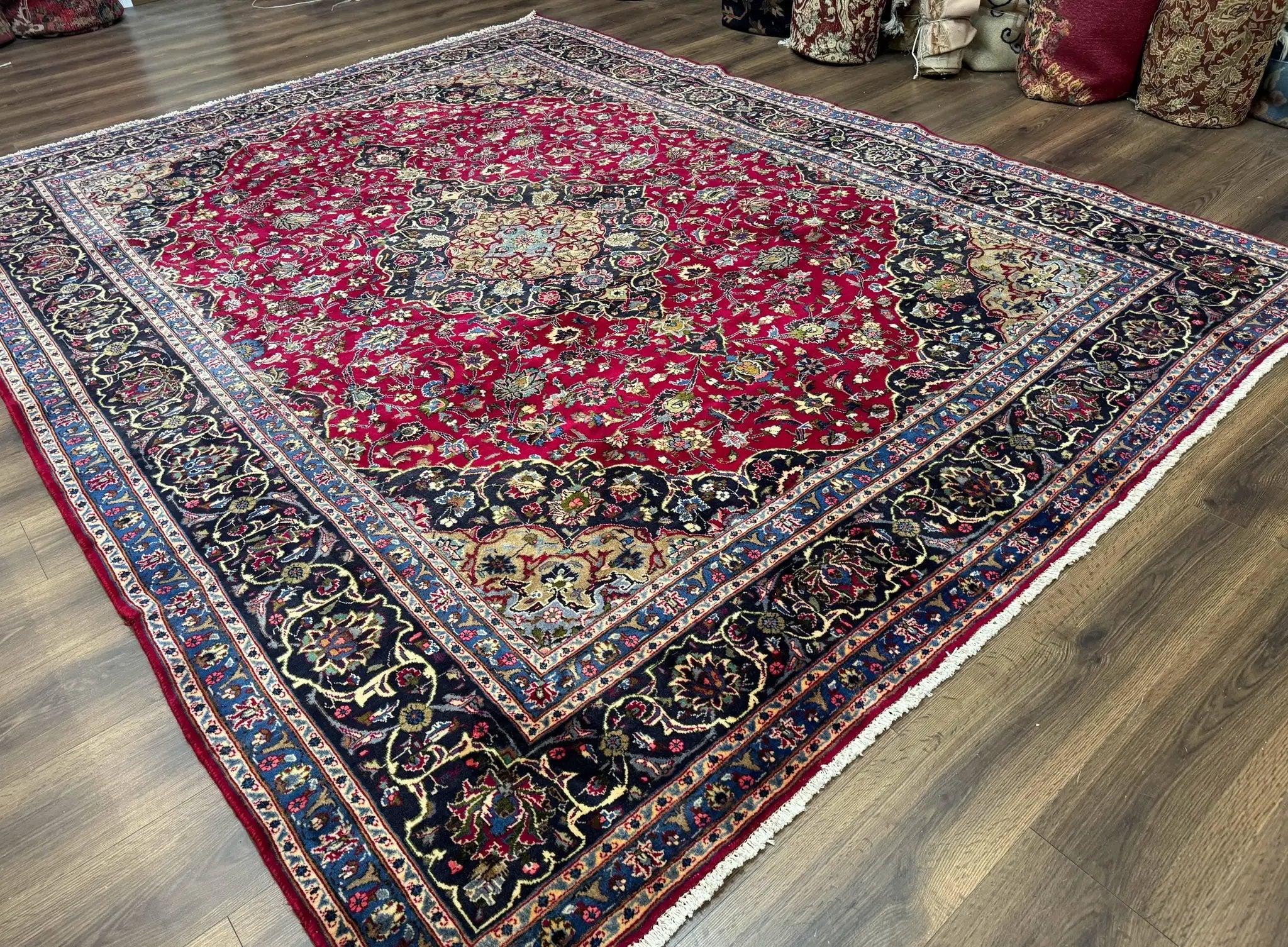 Traditional Persian Rug 8x11, Red Navy Blue, Floral Medallion, Antique Persian Mashad Carpet, Wool by Jewel Rugs