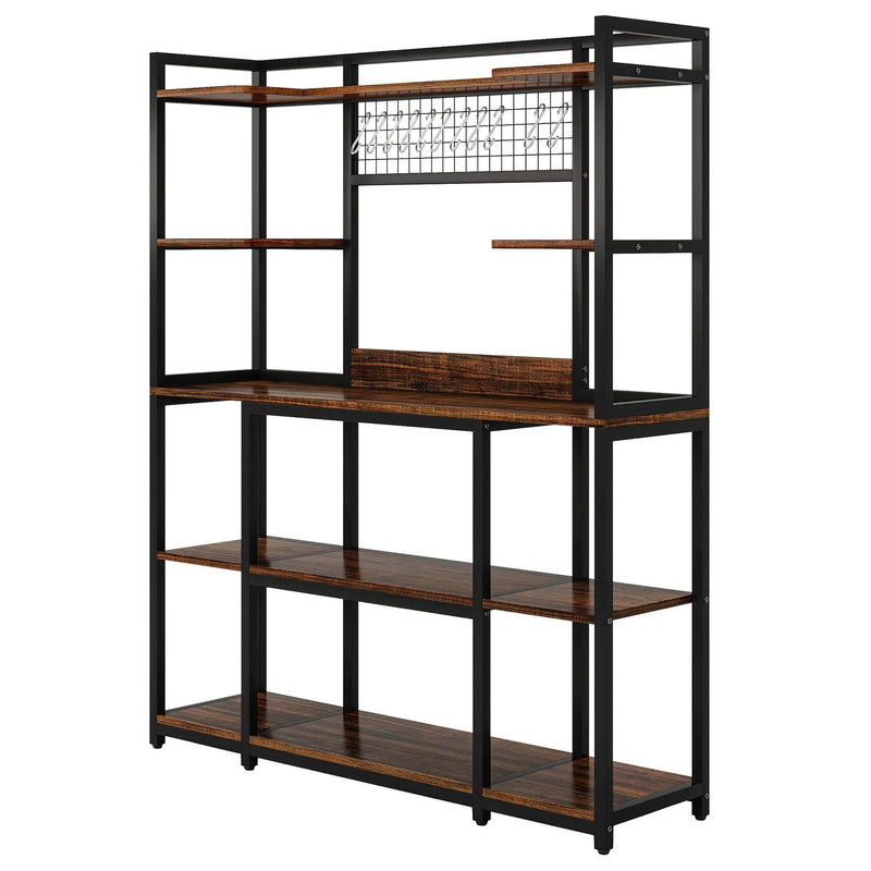 Baker's Rack With Hutch, 5 Tier Kitchen Storage Shelf, Freestanding Utility Pantry Organizer With Hooks And Microwave Stand - Black by HouseOfZazla