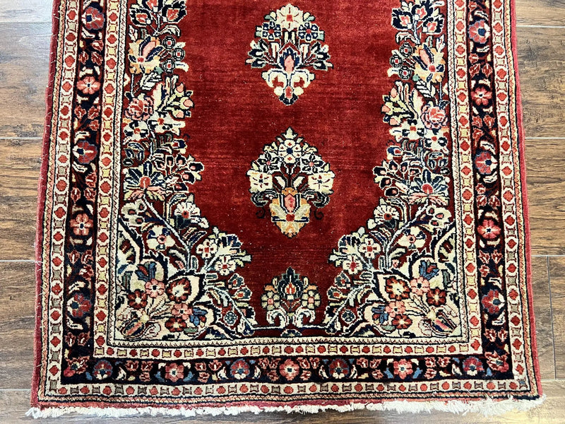 Persian Sarouk Runner Rug 2.7 x 6, Semi Open Field, Red, Handmade Hand Knotted, Wool Oriental Carpet, Vintage Semi Antique by Jewel Rugs