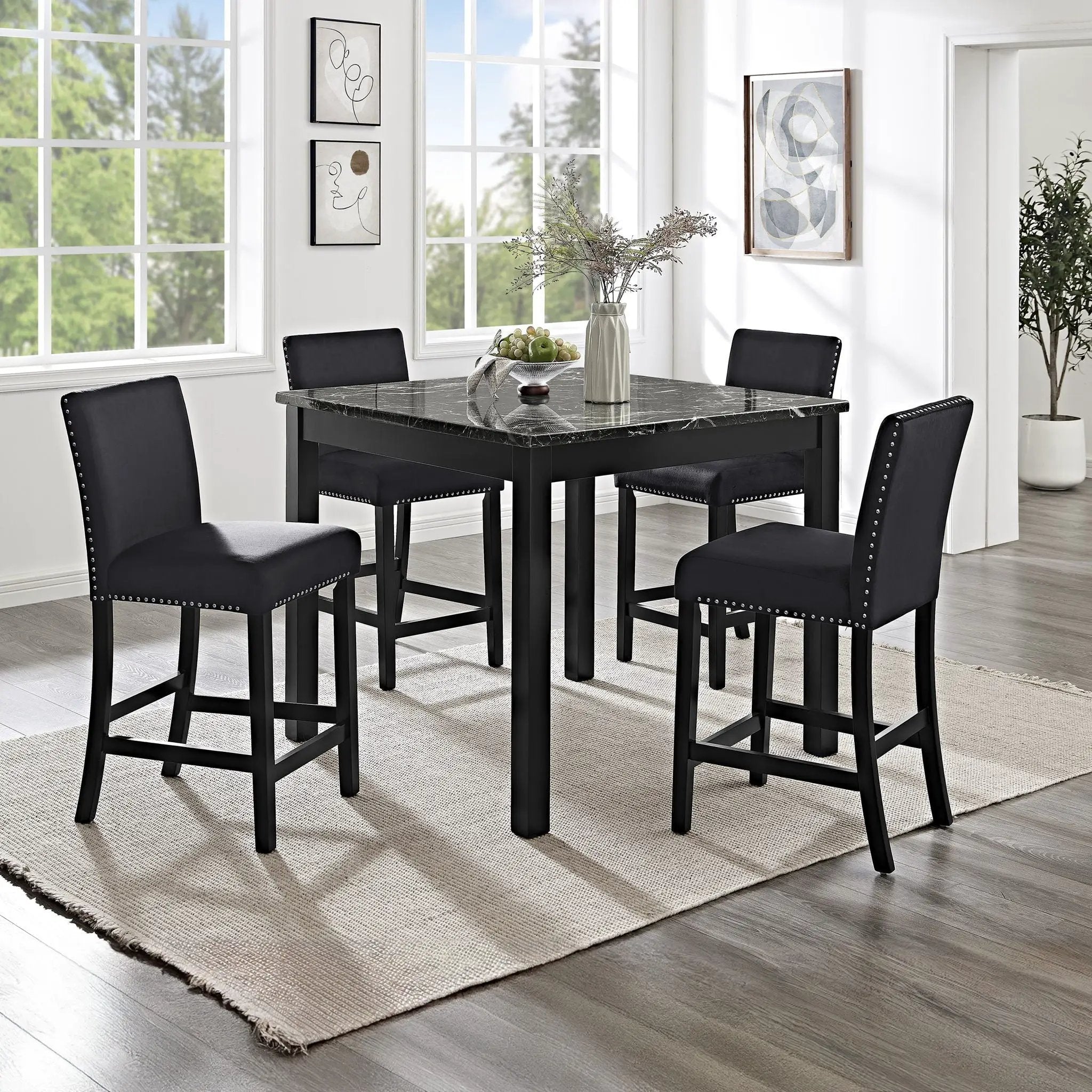 5 Piece Counter Height Dining Set With Table, Tufted Nail Head Chairs - Black by Unique Piece Furniture