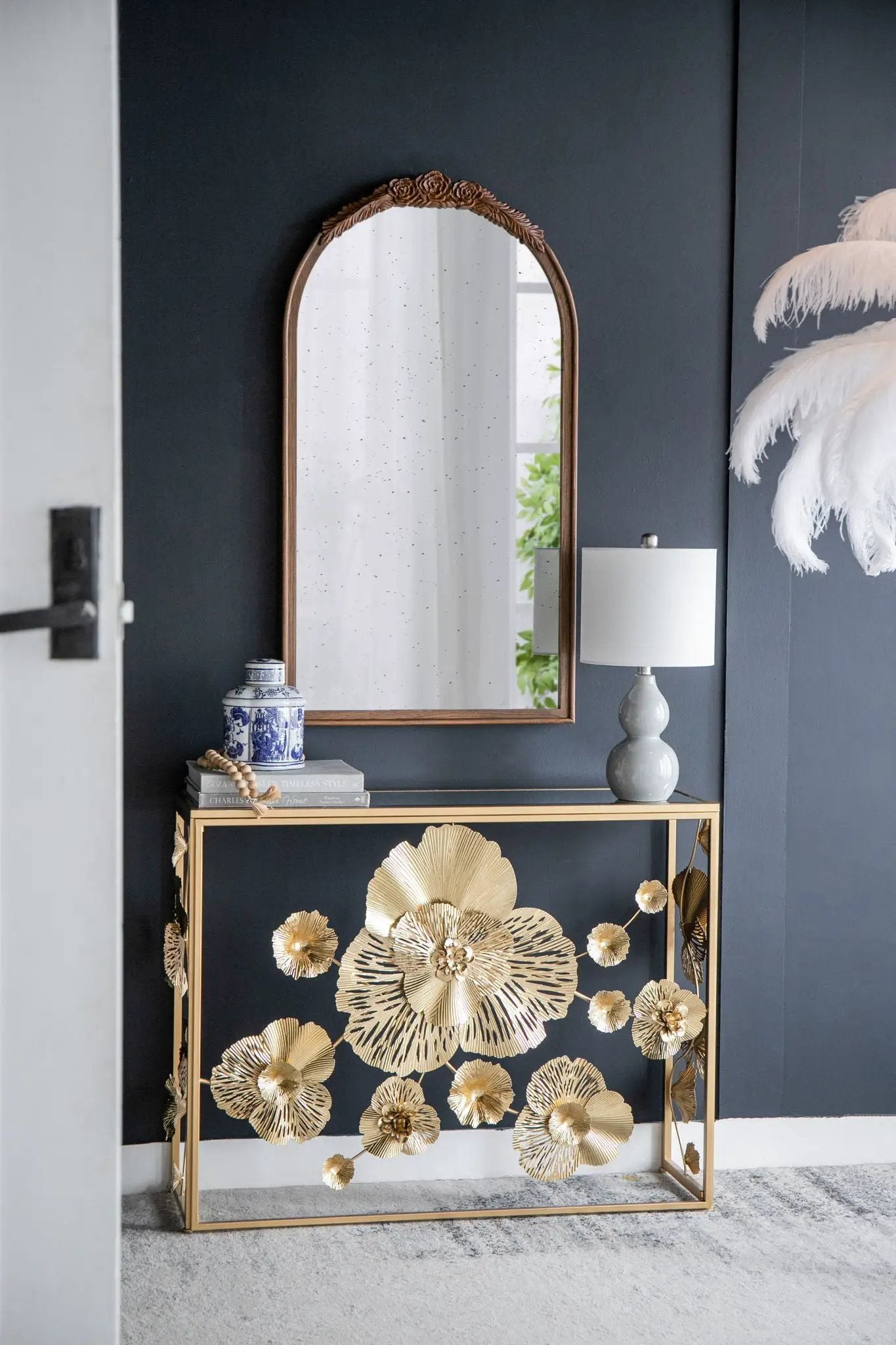 Hand Carved Rose Antique Mirror Frame, Wood Arch Mirror Wall Decor For Living Room by HouseOfZazla