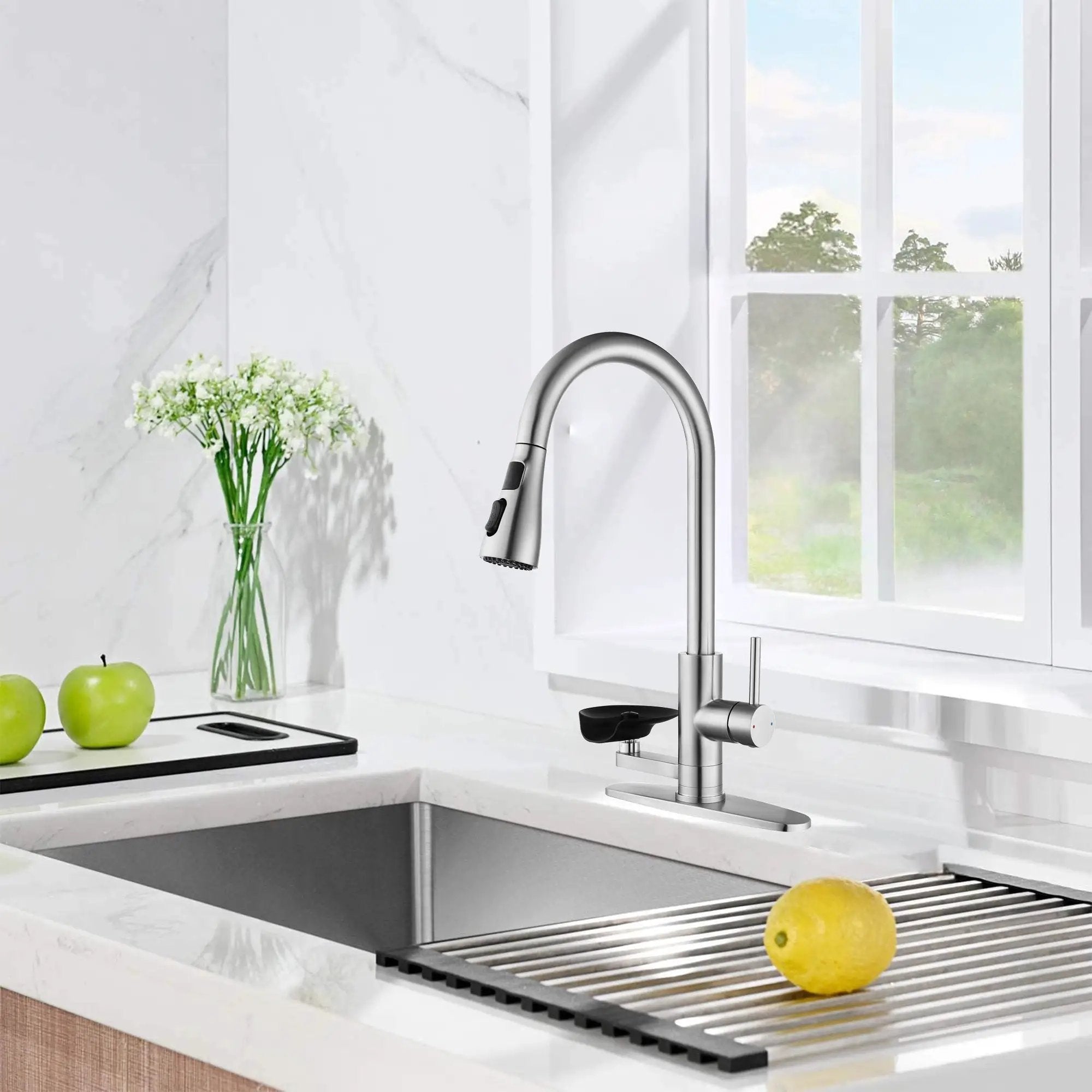 3-in-1 Kitchen Faucet with LED Temperature Display, Press-Type Glass Rinser, Pull-Down Sprayer, 3 Spray Modes, Brushed Nickel Finish, Stainless Steel Construction by HouseOfZazla