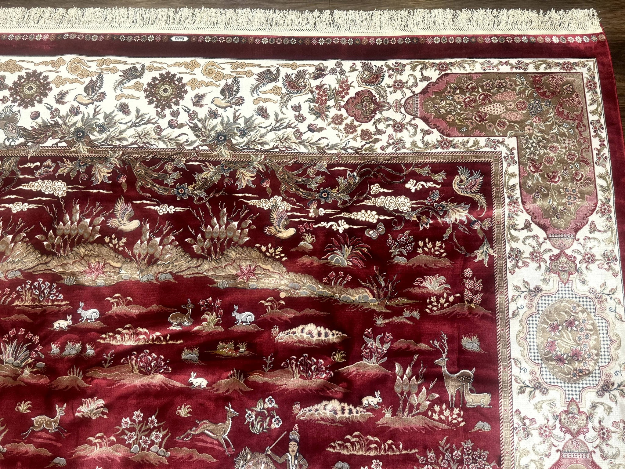Turkish Silk Rug 8x10, Red & Ivory, Hunting Design, Bamboo Silk, New by Jewel Rugs