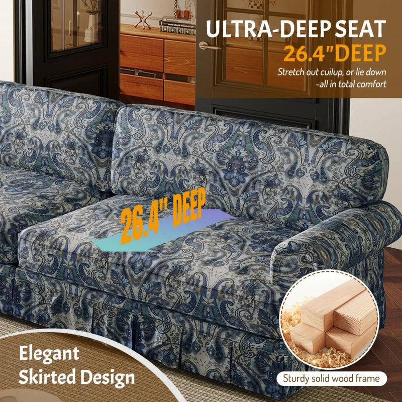Luxuriously Comfortable Cloud Couch With Elegant Rolled Arms & Pleated Skirt Design