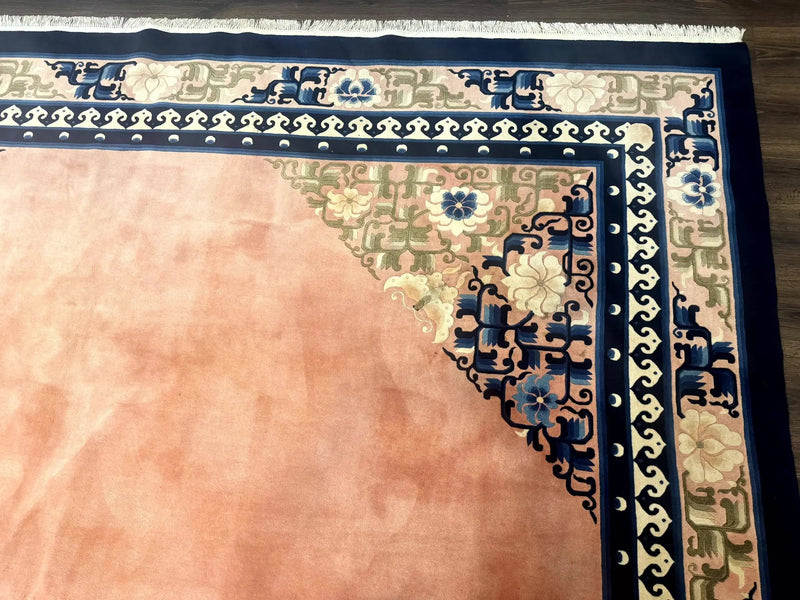 Chinese Wool Rug 11x18, Palace Sized Chinese Carpet, Peking Rug, Peach and Blue, Open Field, Simple Design, Art Deco Rug, Large Handmade Rug by Jewel Rugs