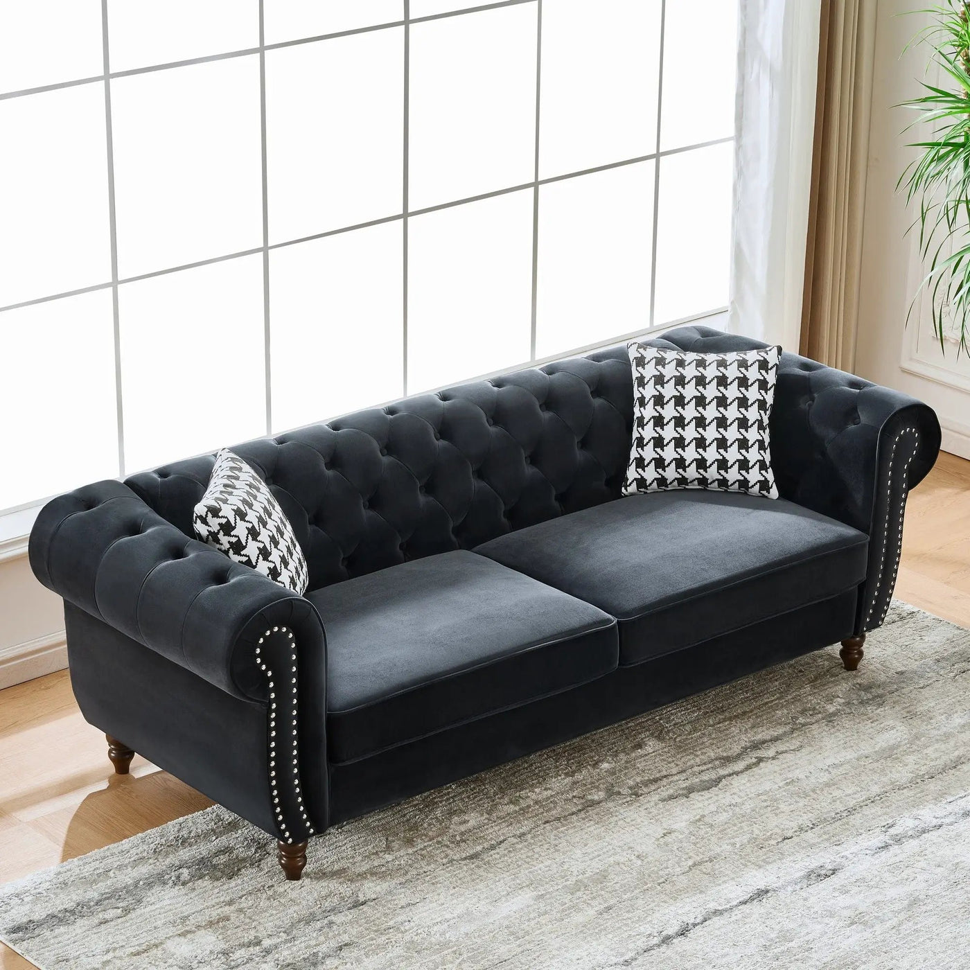 Chesterfield Upholstery Fabric Sofa With Roll Armrest & Nailhead by Unique Piece Furniture