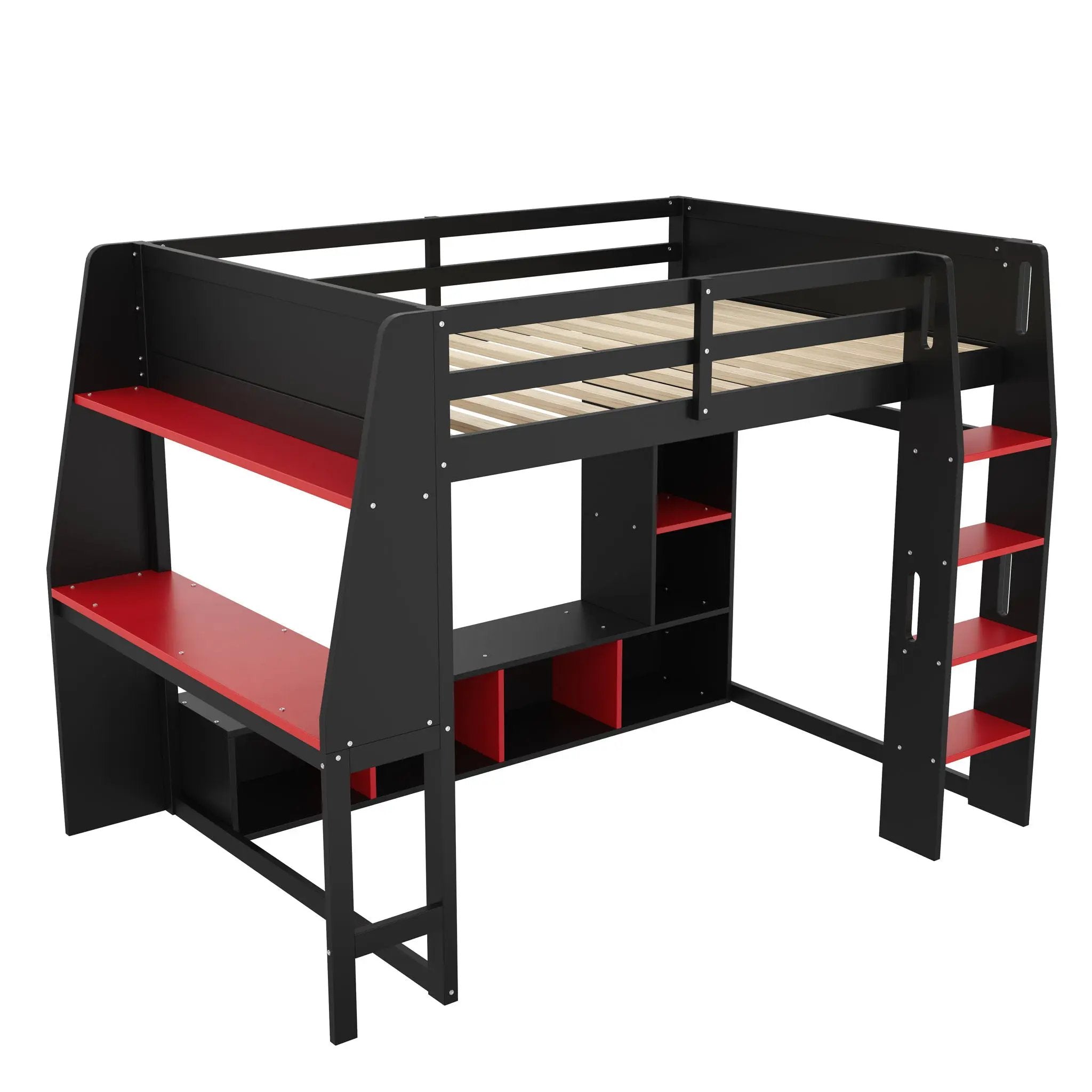 Gaming Loft Bed With Desk, Multi Storage Shelves, LED Lighting, And Hanging Clothes Rack by HouseOfZazla