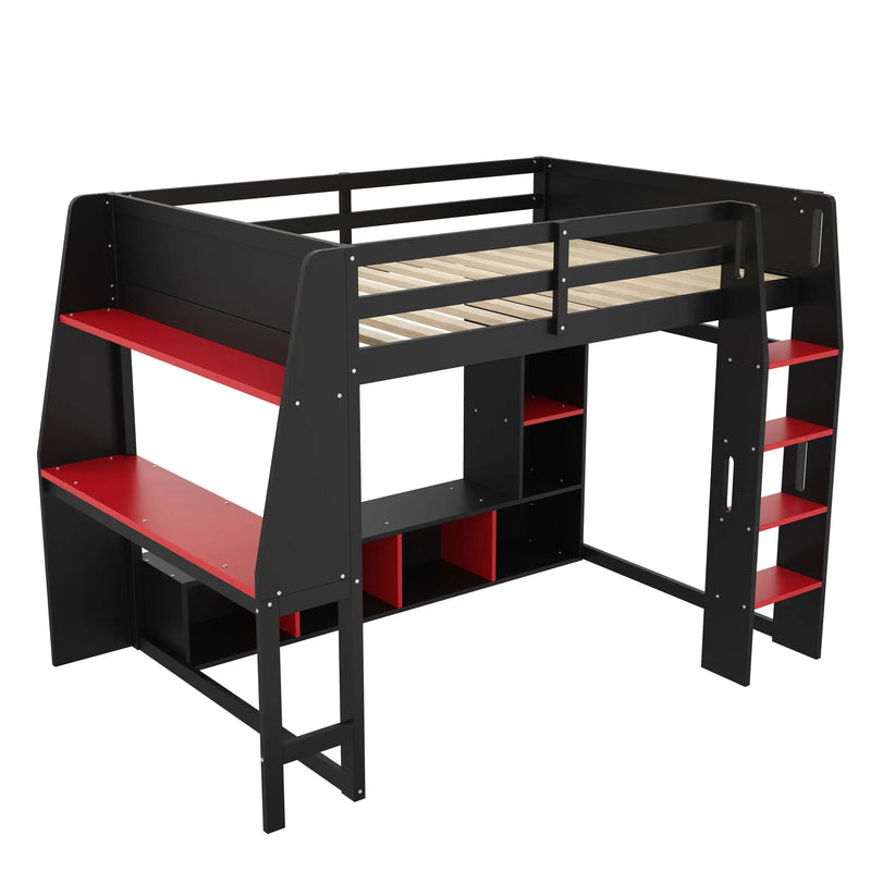 Gaming Loft Bed With Desk, Multi Storage Shelves, LED Lighting, And Hanging Clothes Rack by HouseOfZazla