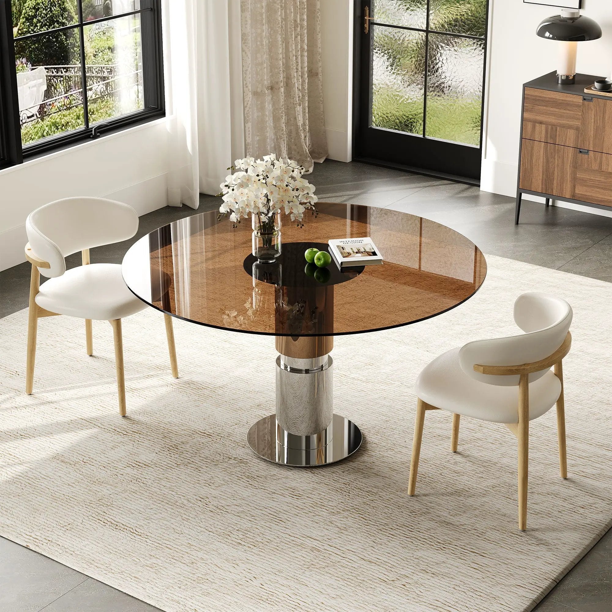 Round Glass Dining Table With Stainless Steel Legs And Chairs by HouseOfZazla