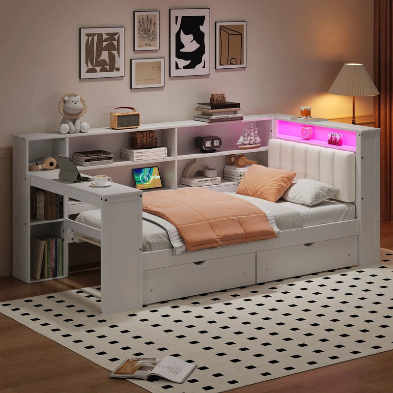 Platform Bed With Upholstered Headboard, Storage Shelves, Drawers, Charging Station, LED Lighting, Built In Desk by Unique Piece Furniture