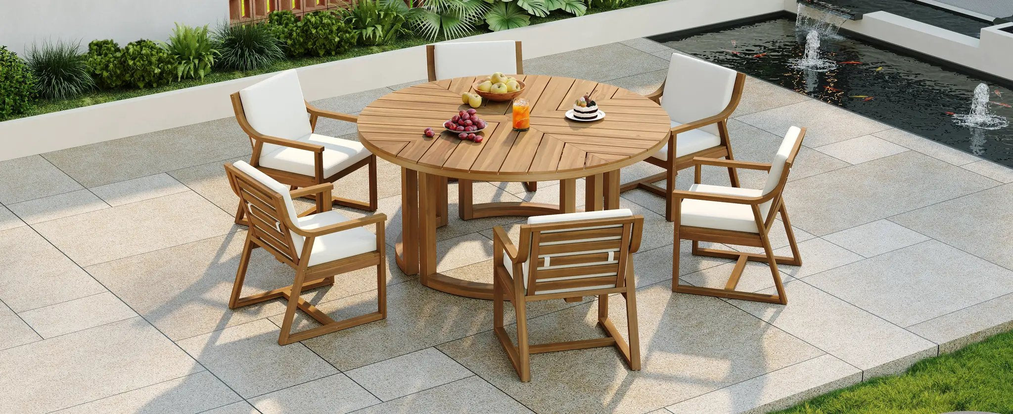 TREXM Patio Dining Table Set for 6, Round Dining Table with Cushions by HouseOfZazla