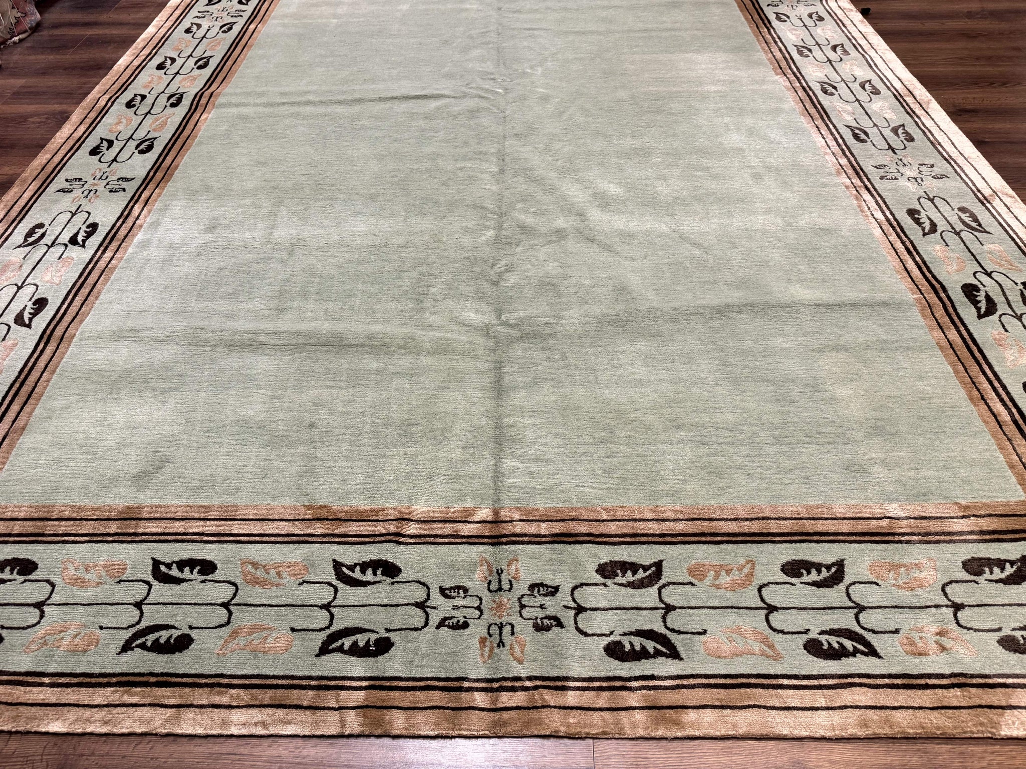 Palace Size Nepali Rug 9x18, Open Field, Light Mint Green, Wool Hand Knotted, Modern Contemporary by Jewel Rugs