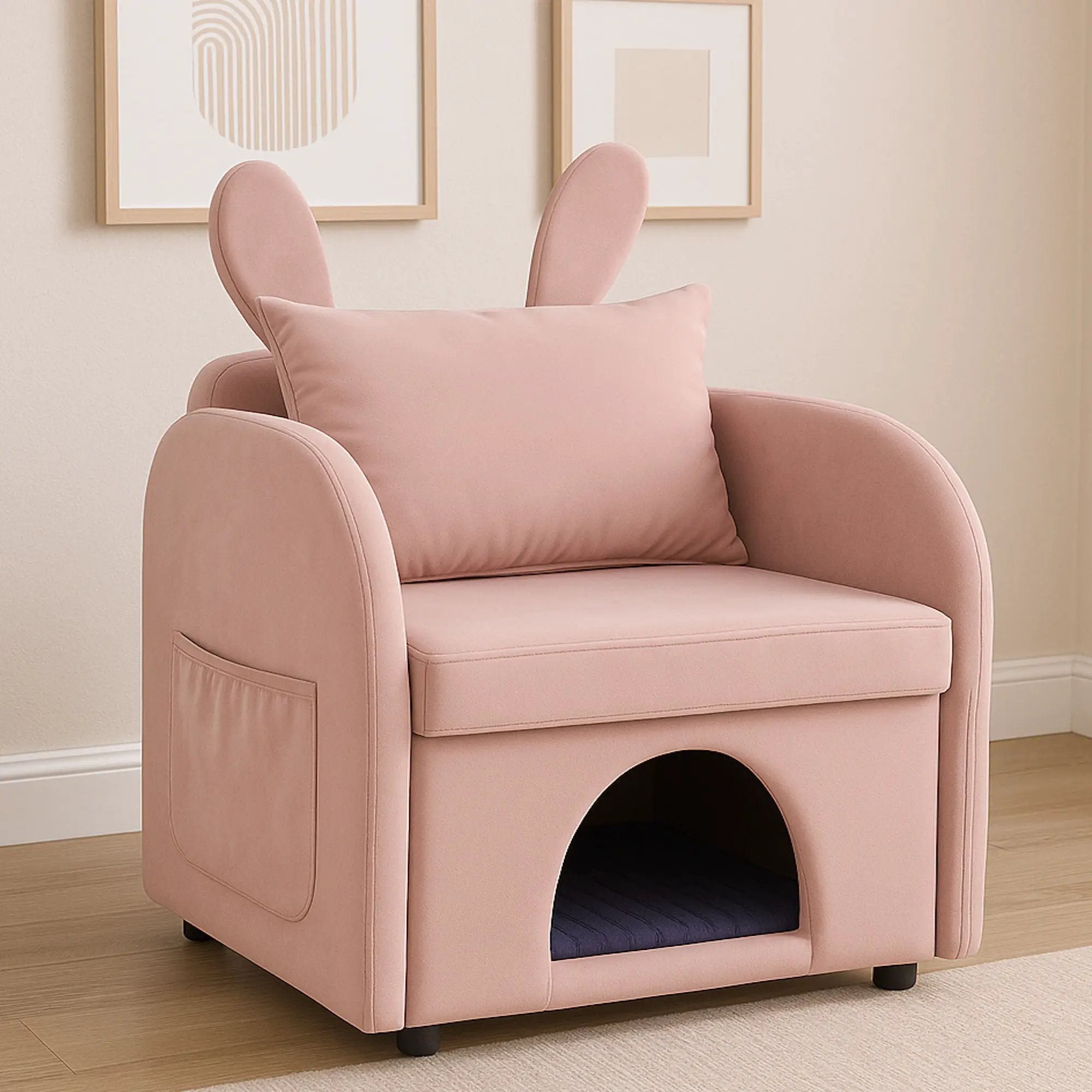 Bunny Ear Pet Friendly Armchair With Hidden Pet House With Storage Pocket For Bedroom & Living Room - Pink by Unique Piece Furniture