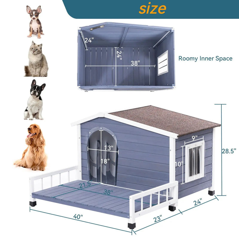 Large Wooden Dog House Indoor Outdoor With Terrace And Open Waterproof Asphalt Roof, Outdoor Dog House With Raised Floor, Windows And Door Curtains, Suitable For Small And Medium Dogs - Gray by HouseOfZazla