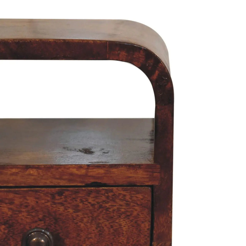 Solid Wood Extra Mini Curve Bedside, 1-Drawer, 1 Open-Slot, Chestnut by HouseOfZazla