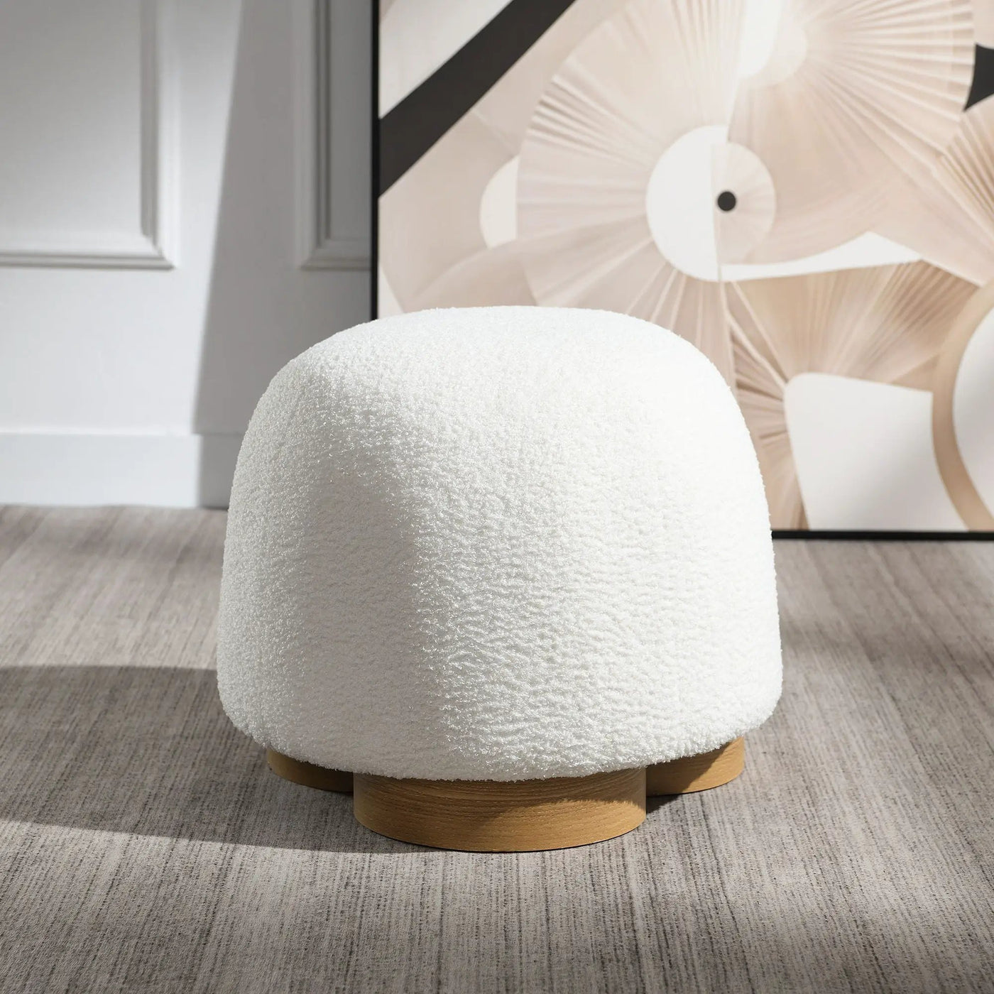 Round Soft Teddy Fabric Upholstered Ottoman With Metal Accents by HouseOfZazla