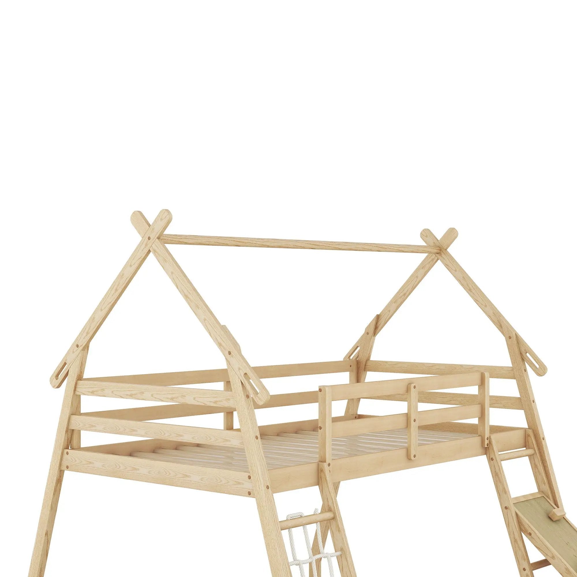 Twin Over Queen House Bunk Bed With Climbing Nets And Climbing Ramp by Unique Piece Furniture