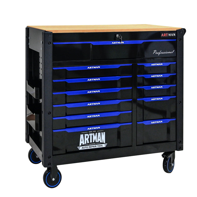 12 Layer Drawer Multi Purpose Tool Cart With Wheels And Wooden Countertops - Black / Blue by HouseOfZazla
