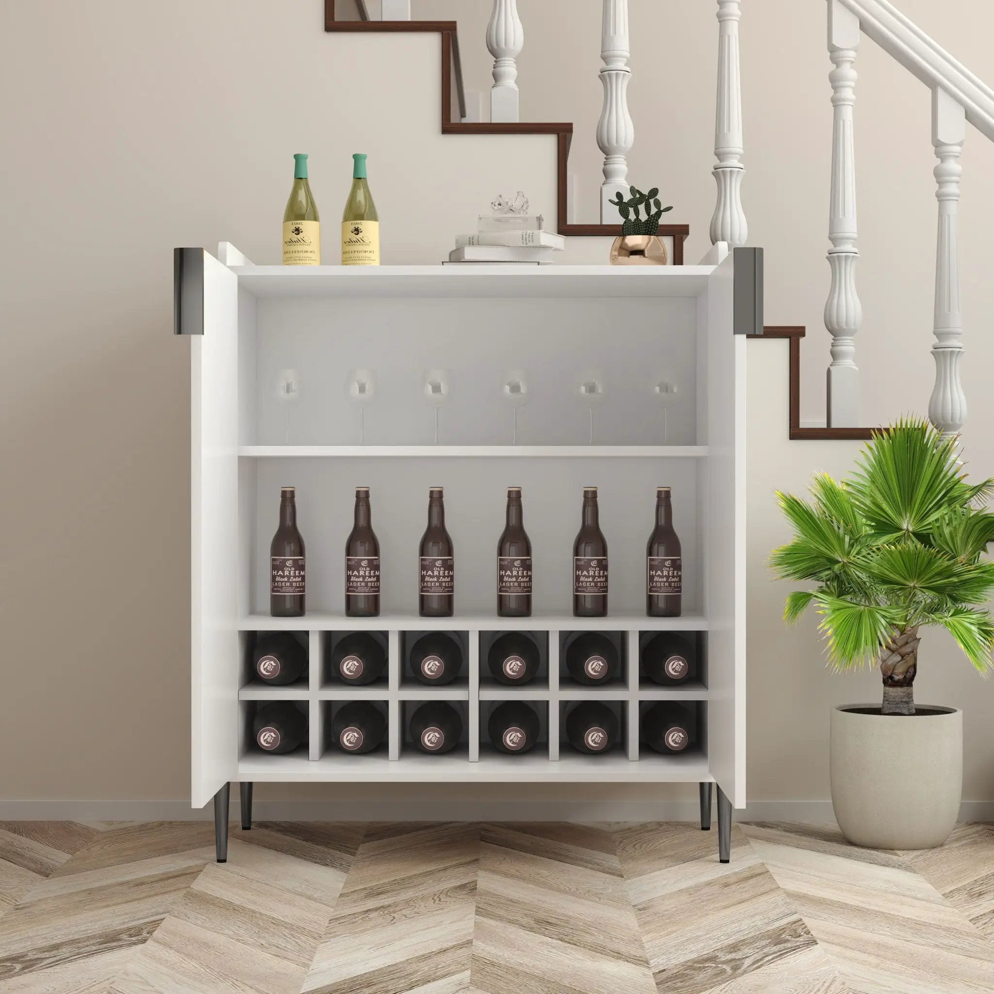 2 Door Wine Bar Cabinet With Adjustable Shelf, Soft-Closing Hinges, And High Feet - White by HouseOfZazla