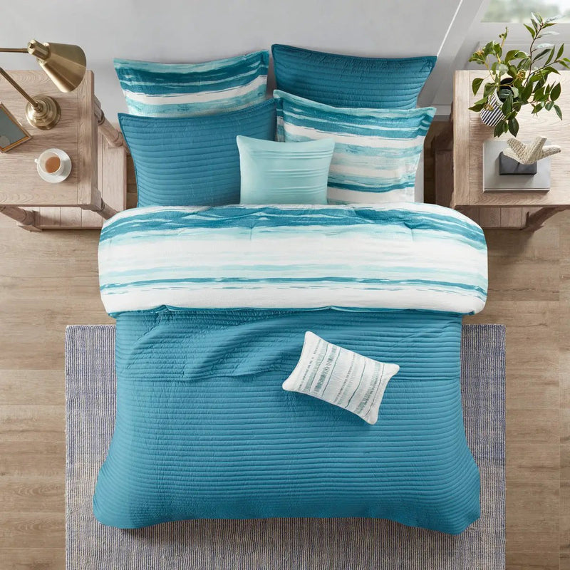 8 Piece Printed Seersucker Comforter and Quilt Set Collection Aqua Full/Queen by HouseOfZazla