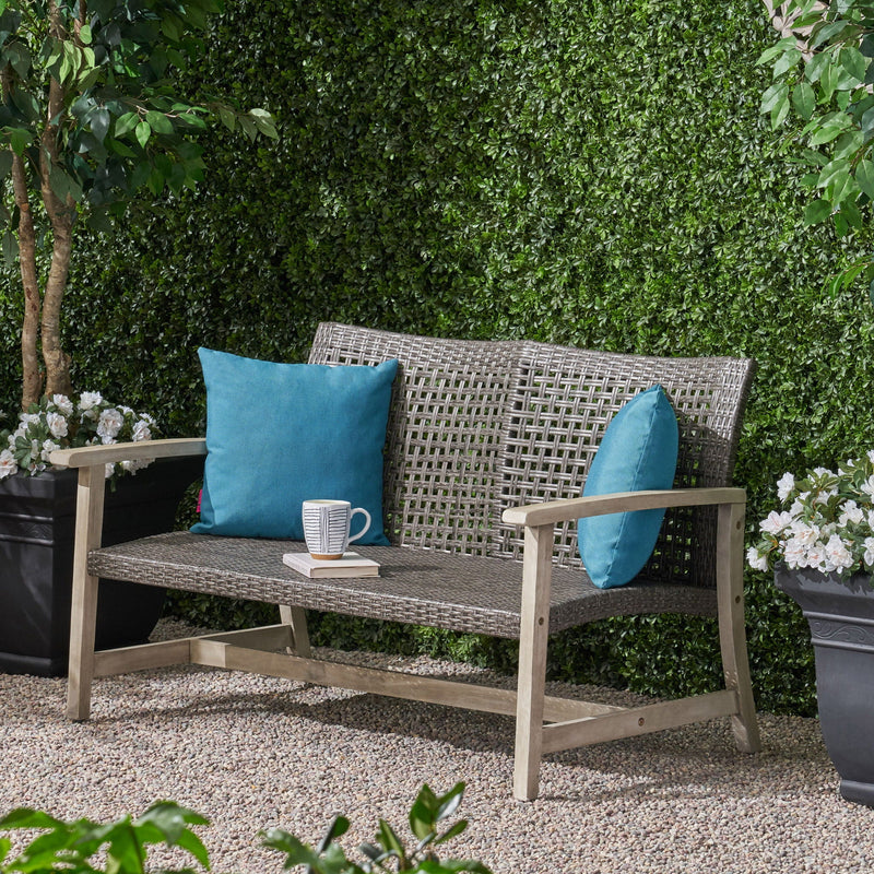 Hampton Outdoor Wood and Wicker Loveseat - Gray by HouseOfZazla