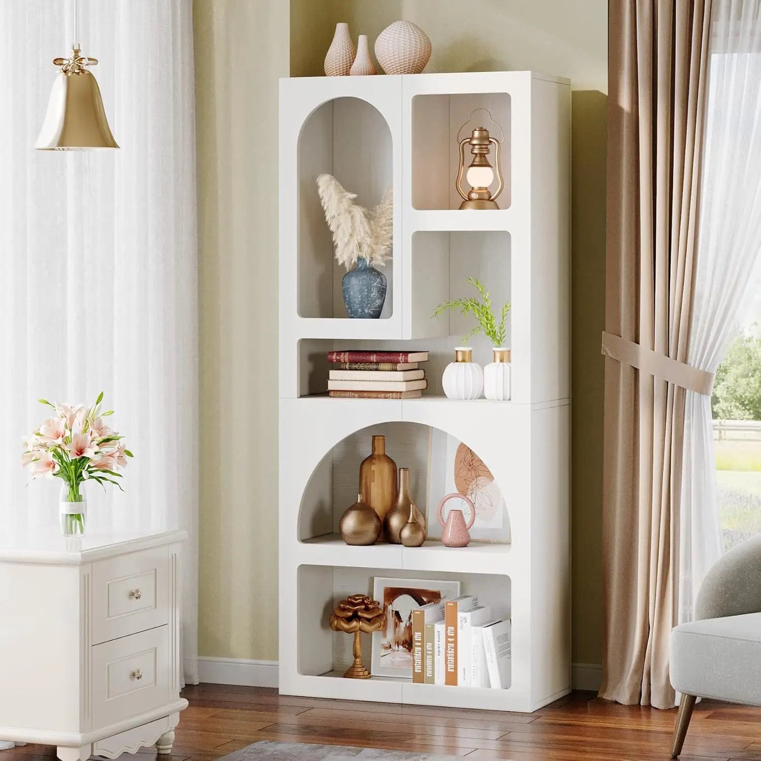 Geometric Arched 5 Shelf Art Display Bookcase For Living Room - White by HouseOfZazla