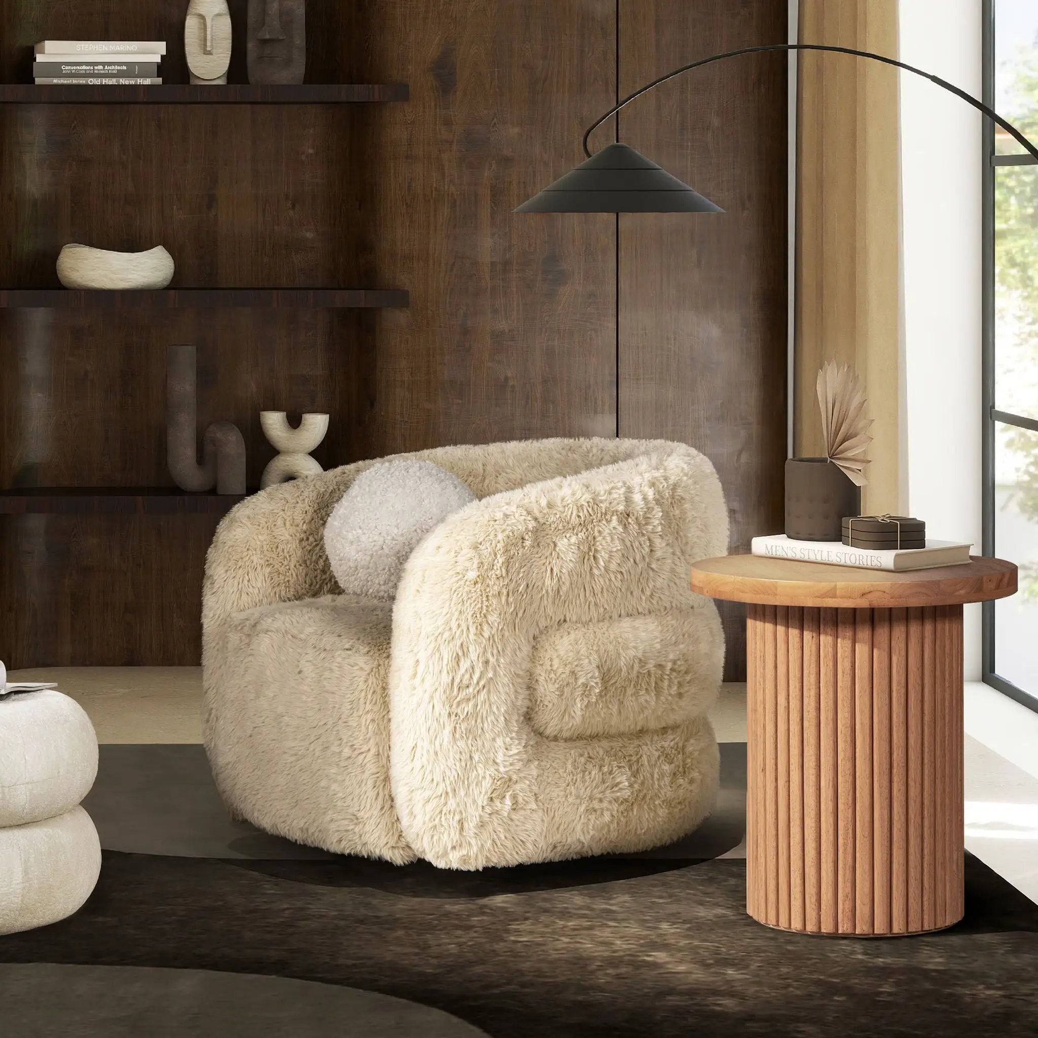 Colt - Fur Swivel Upholstered Barrel Accent Arm Chair - Cream Beige by Unique Piece Furniture